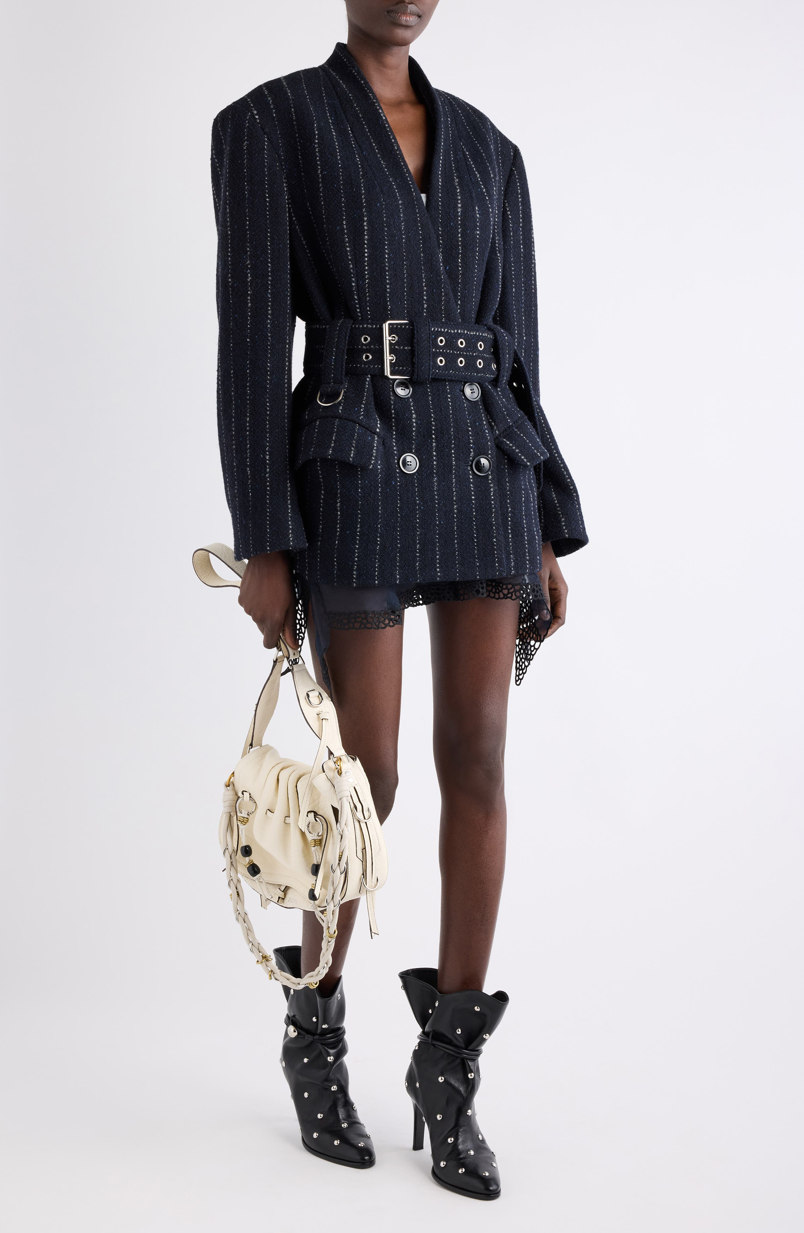 Isabel Marant Fyma Pinstripe Wool Belted Blazer in Midnight at Nordstrom - 2