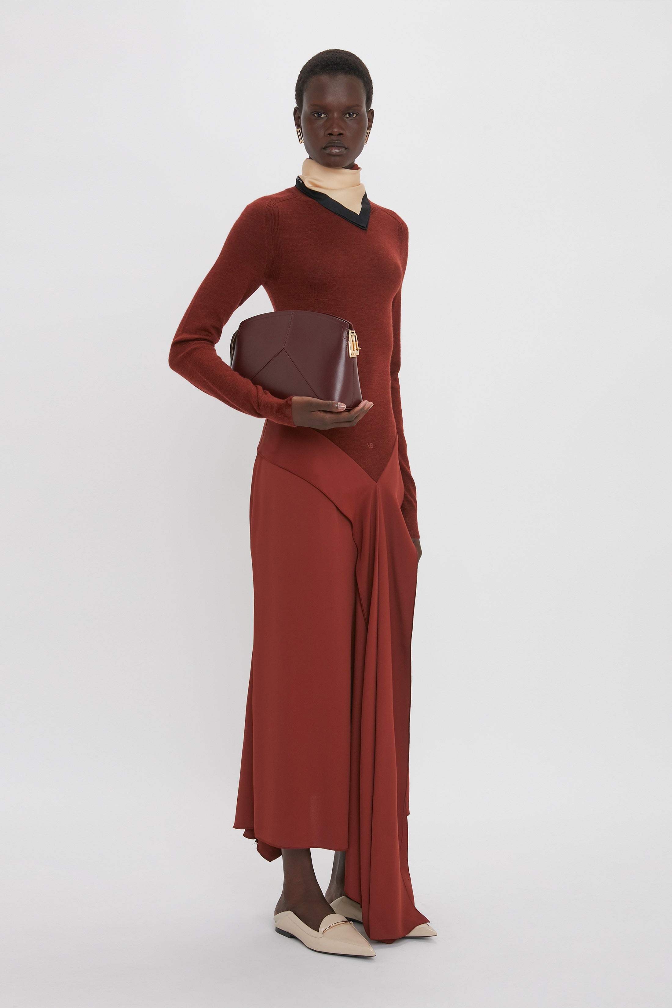 High Neck Tie Detail Dress In Russet - 3