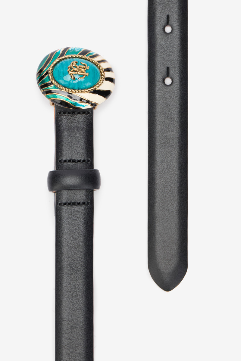 Roberto Cavalli Black Fashion Belt Enameled RC Monogram Buckle outlook