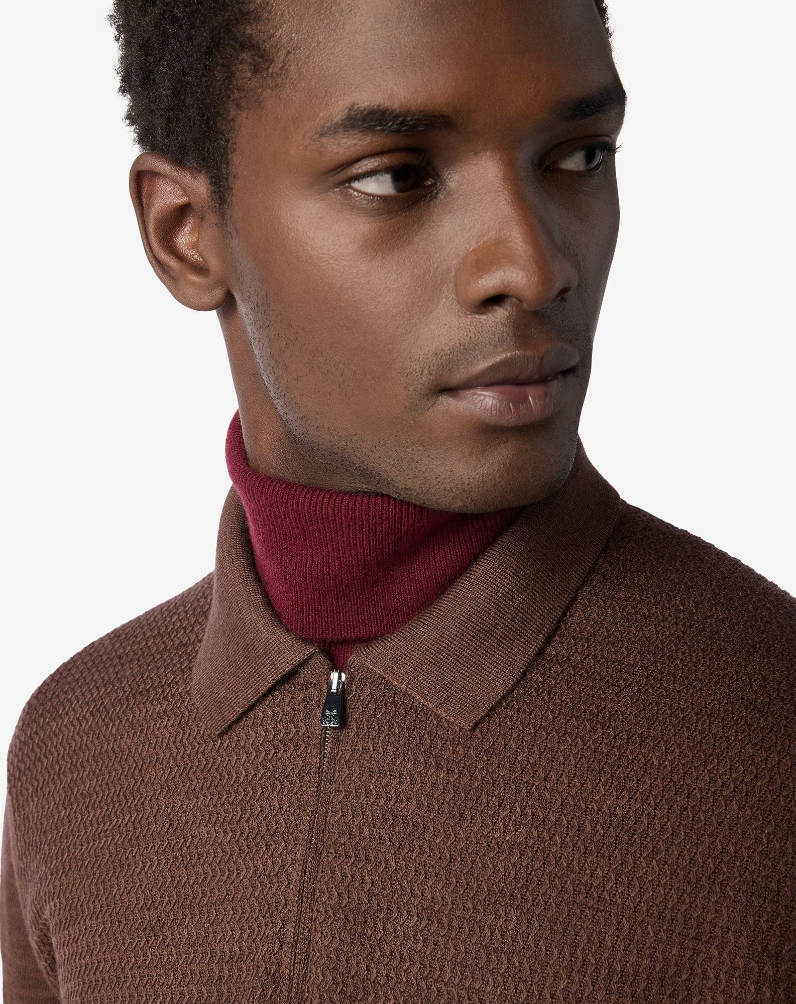 Tobacco brown zip-up extra fine wool polo shirt - 4