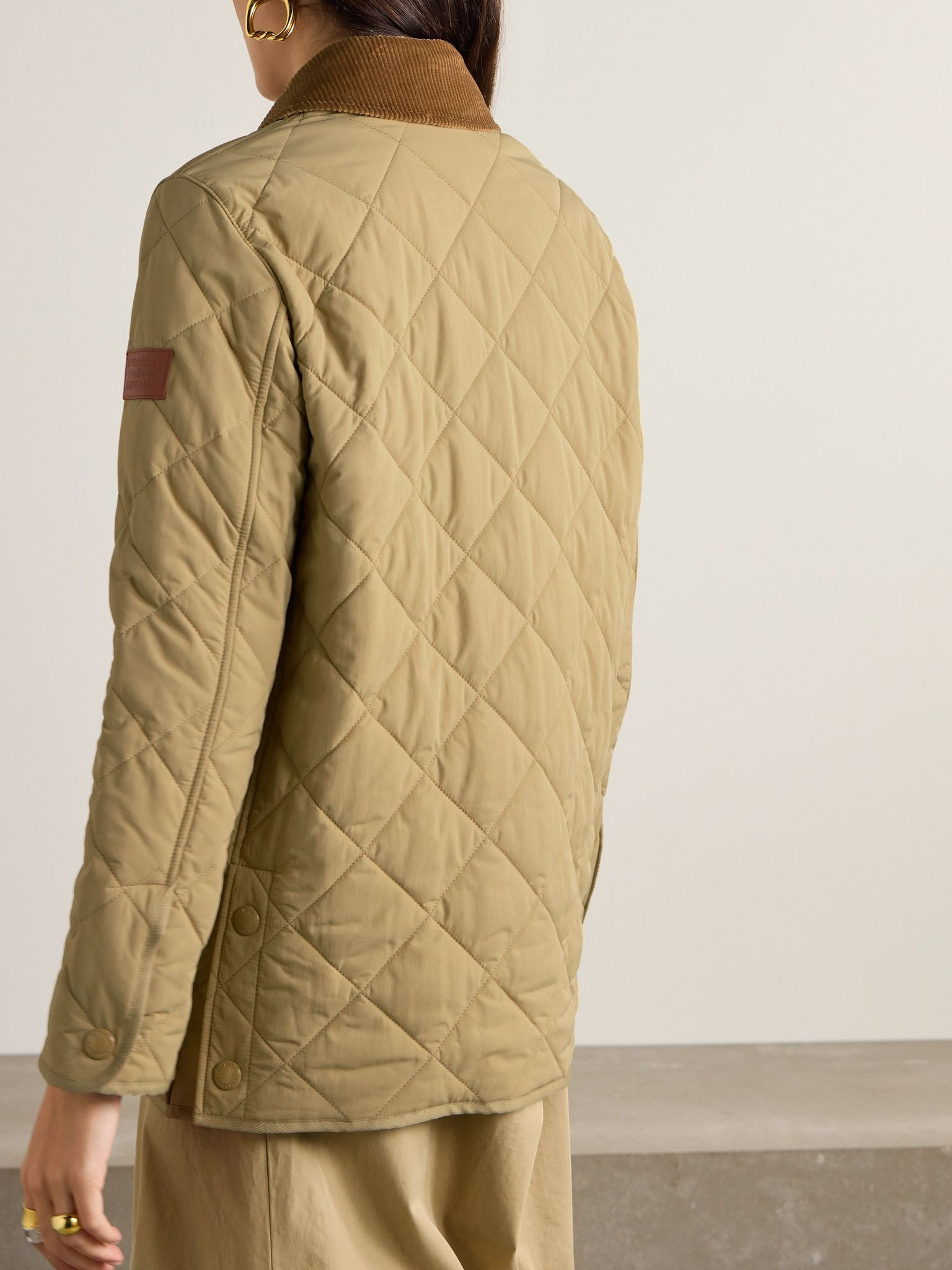 Corduroy and leather-trimmed quilted shell jacket Beige - 4