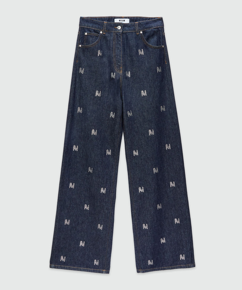Wide-leg denim pants with  "TheMwave" motif 1