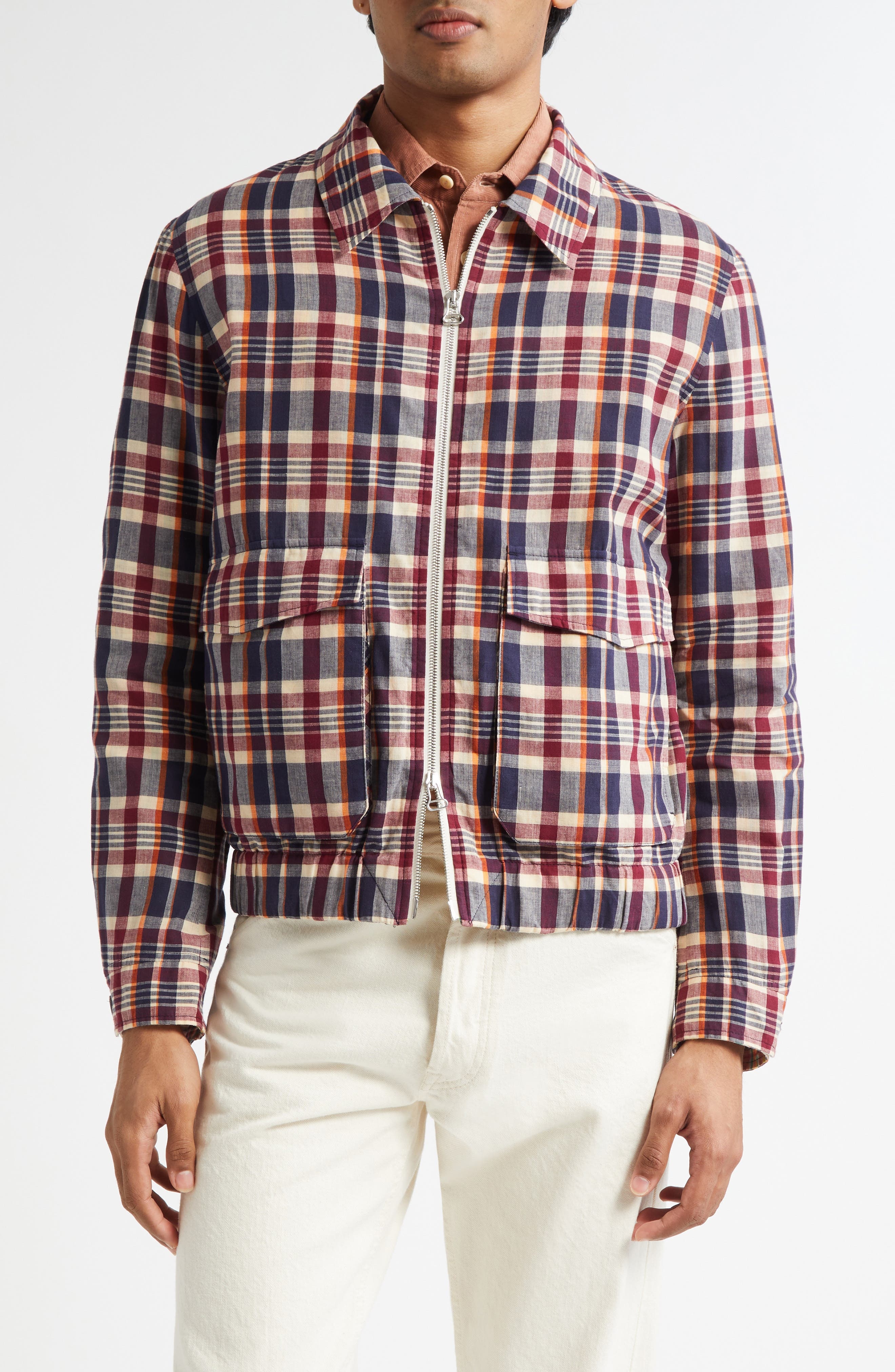Drake's Madras Plaid Waxed Cotton Blouson Jacket in 993 Navy/Rust/Ecru at Nordstrom - 1