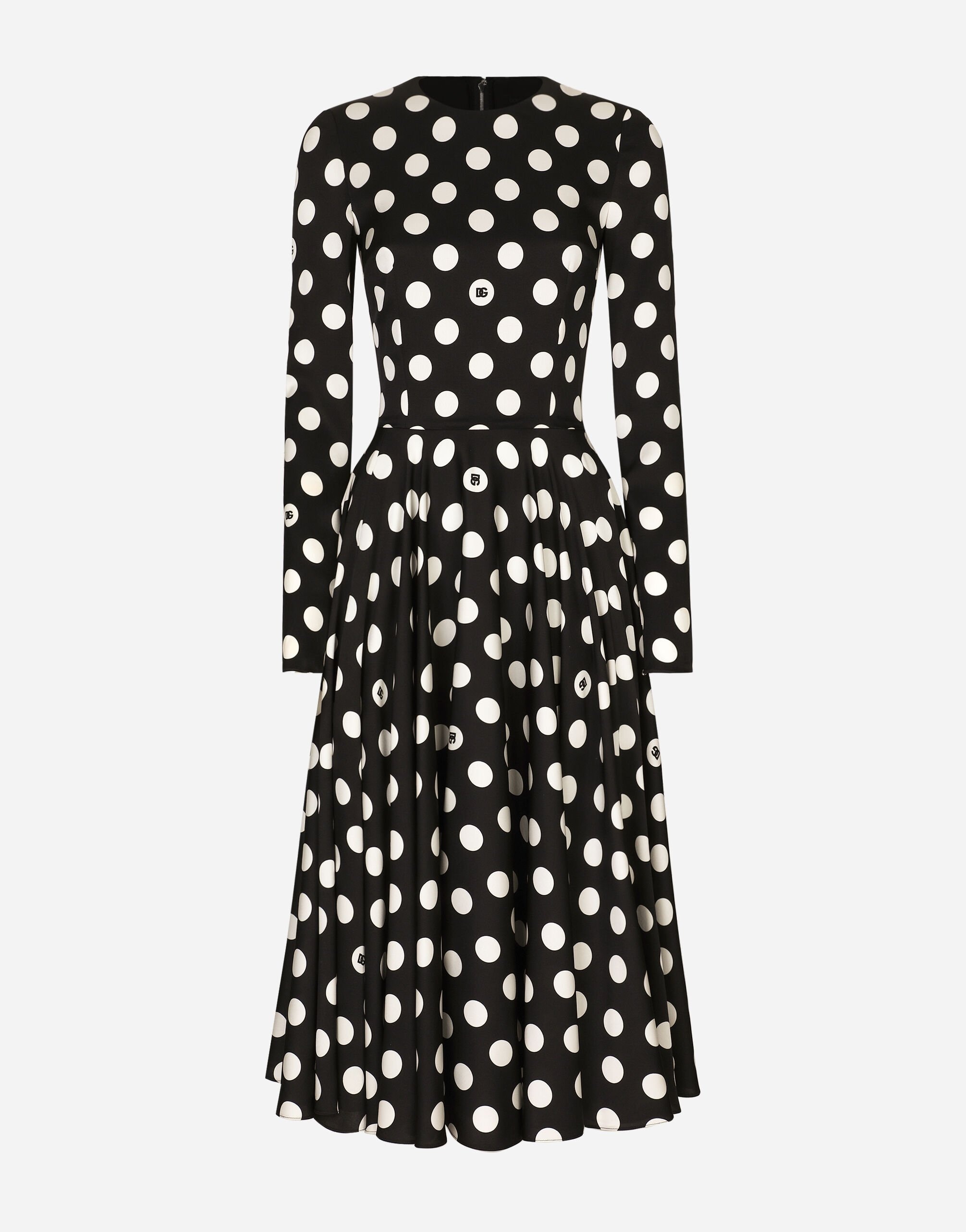 Charmeuse calf-length circle-skirt dress with polka-dot print - 1