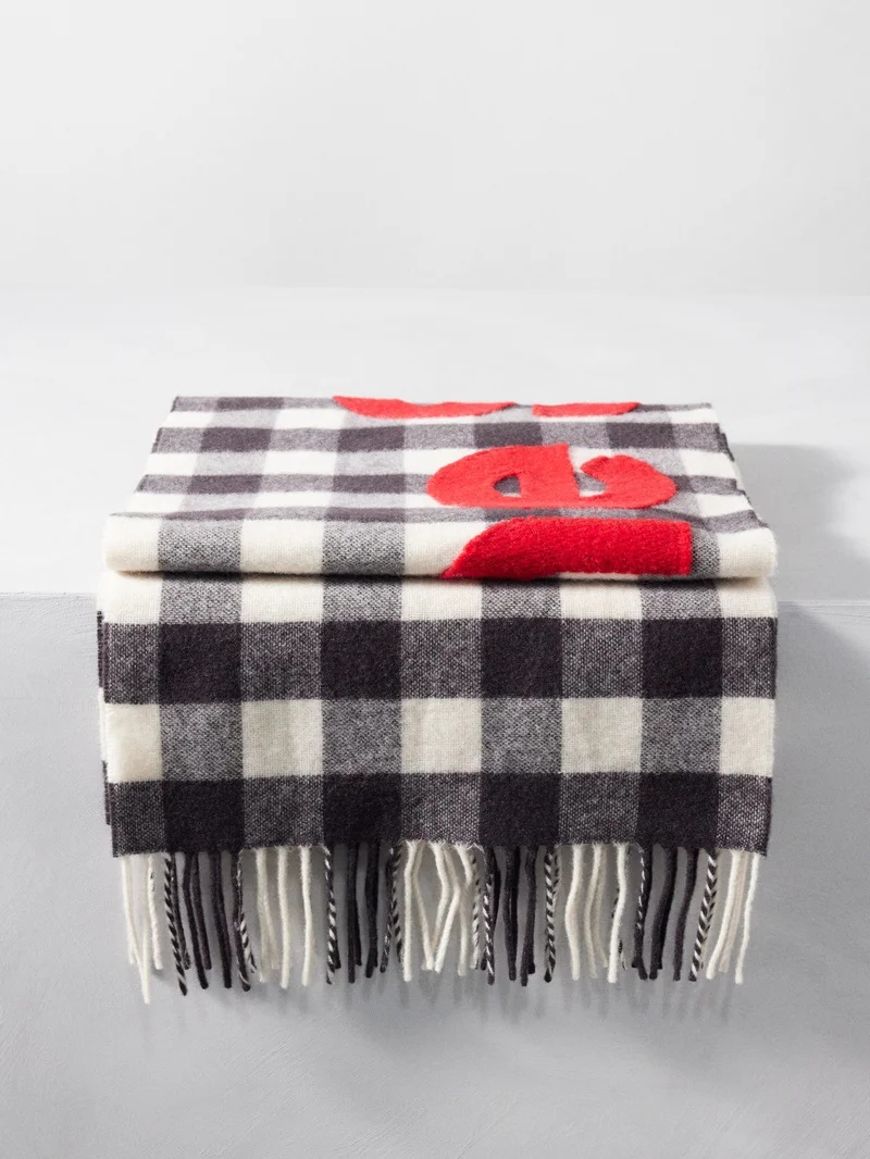 Logo-patch checked wool-blend scarf - 1