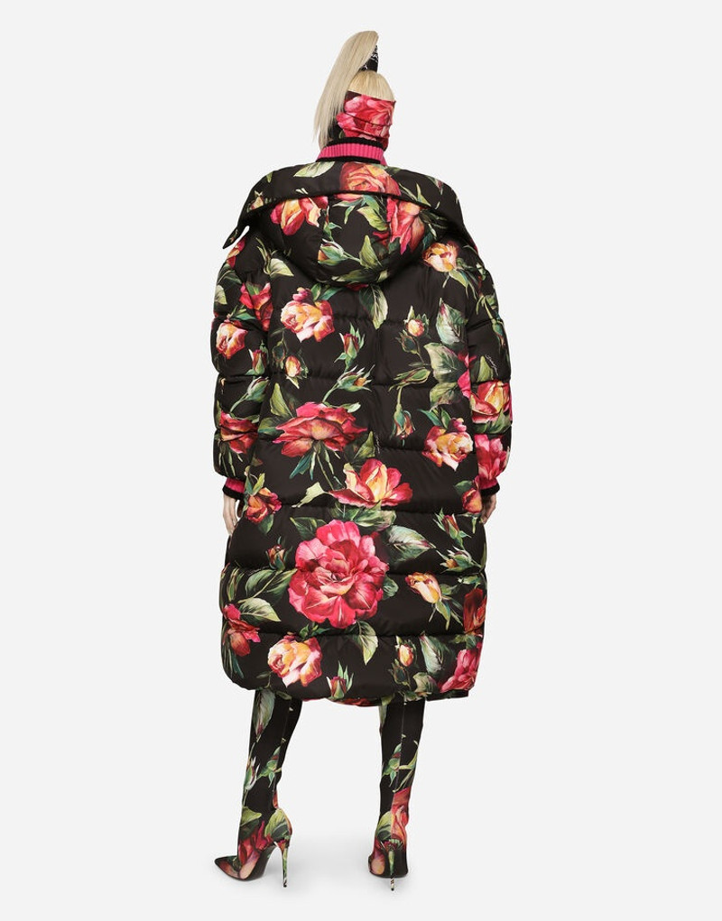 Dolce & Gabbana Long nylon down jacket with rose print outlook