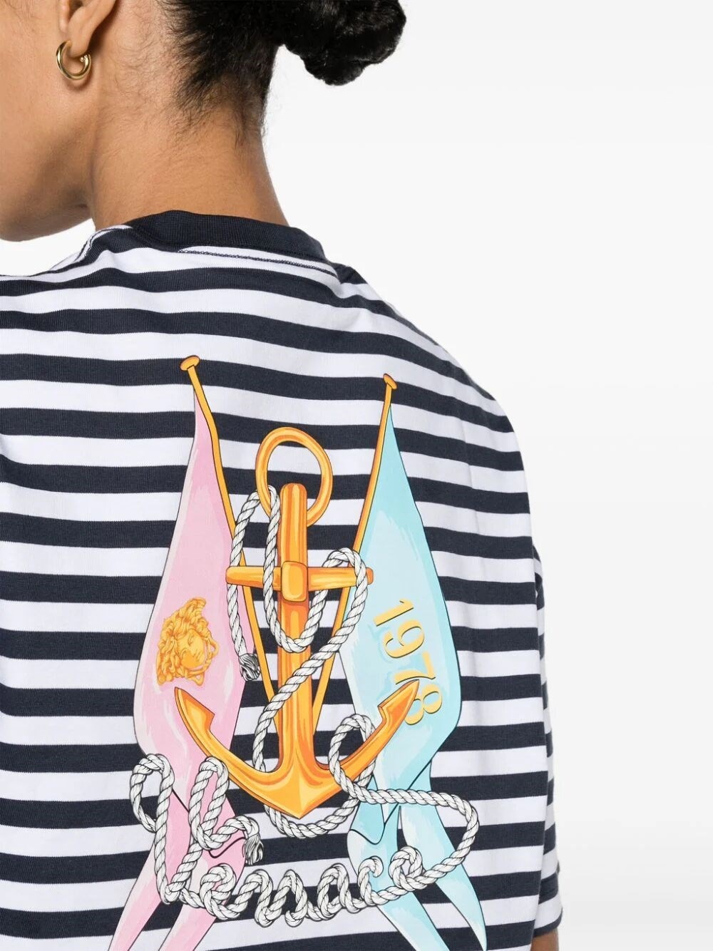 Nautical Stripes And Logo `Still Versace` Cropped T-Shirt - 3