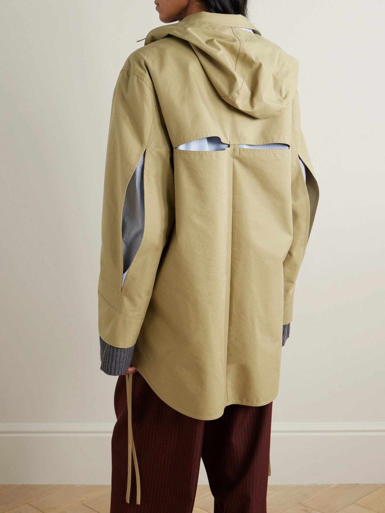 Anagram hooded cutout leather and poplin-trimmed cotton-gabardine jacket Tan - 3