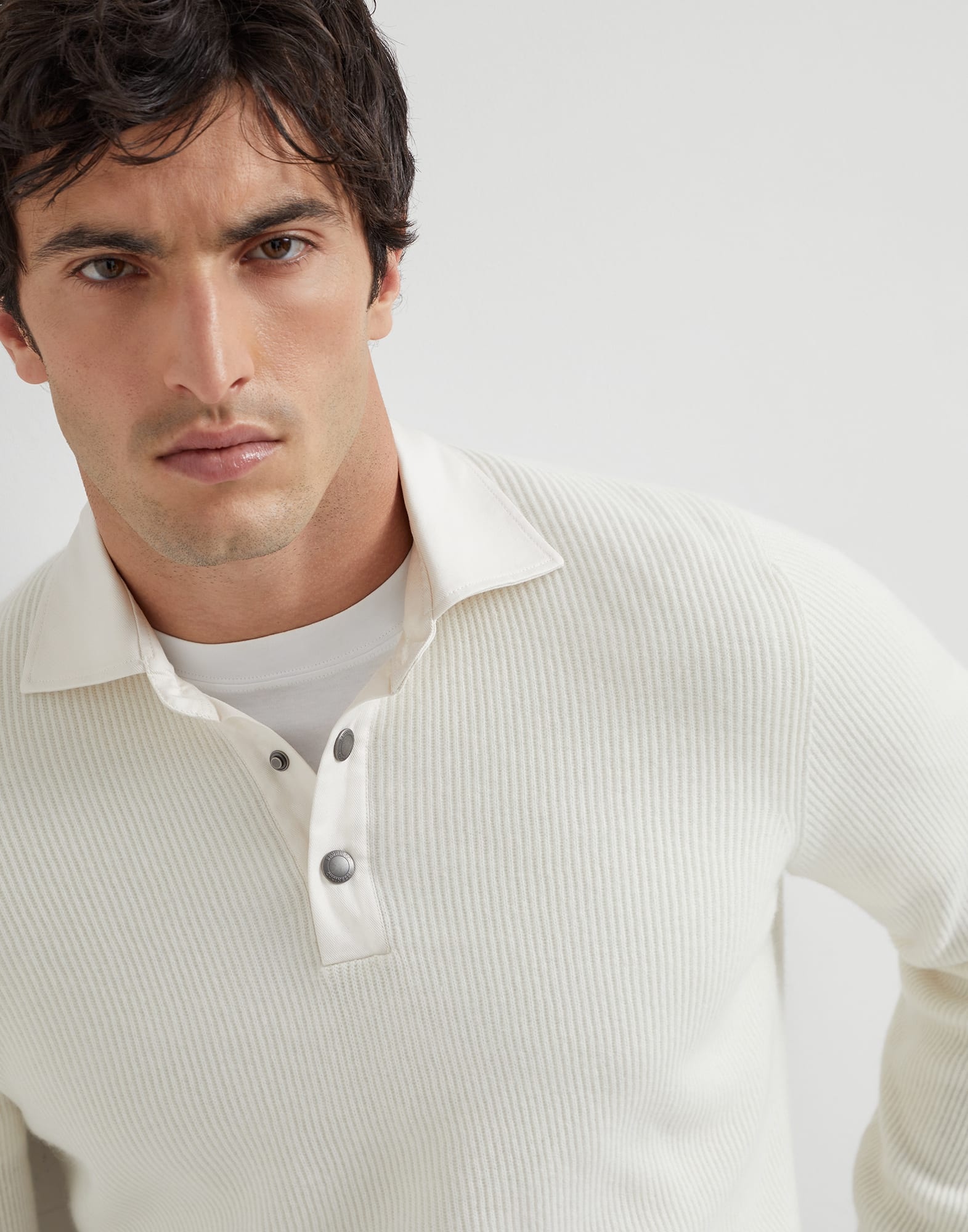 Cashmere English rib knit polo shirt with twill spread collar - 3