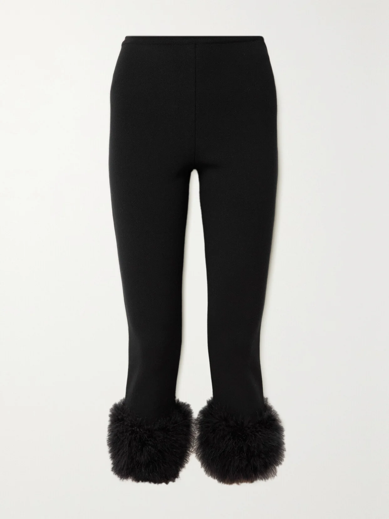Feather-trimmed Cropped Knitted Slim-leg Pants - 1