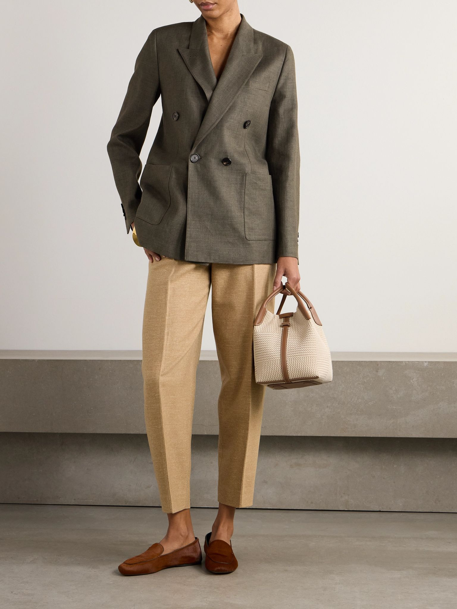 Genny double-breasted linen and wool-blend blazer Dark green - 2