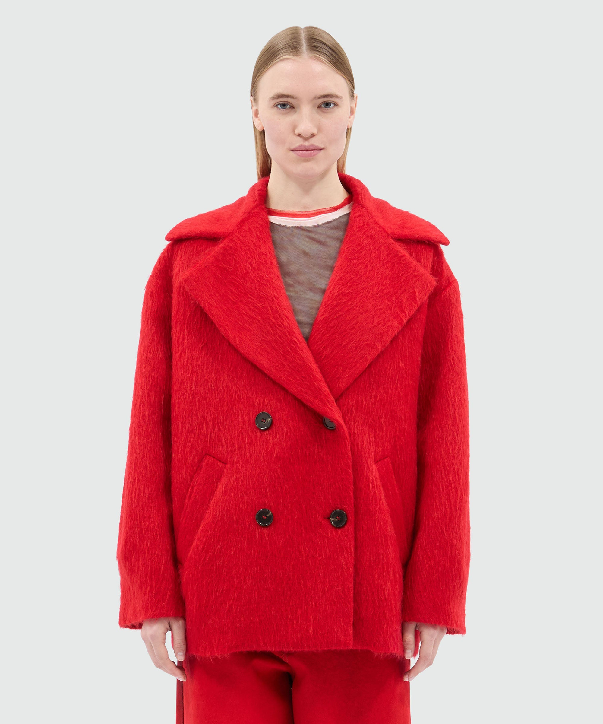 Short double-breasted coat in red brushed wool felt - 2