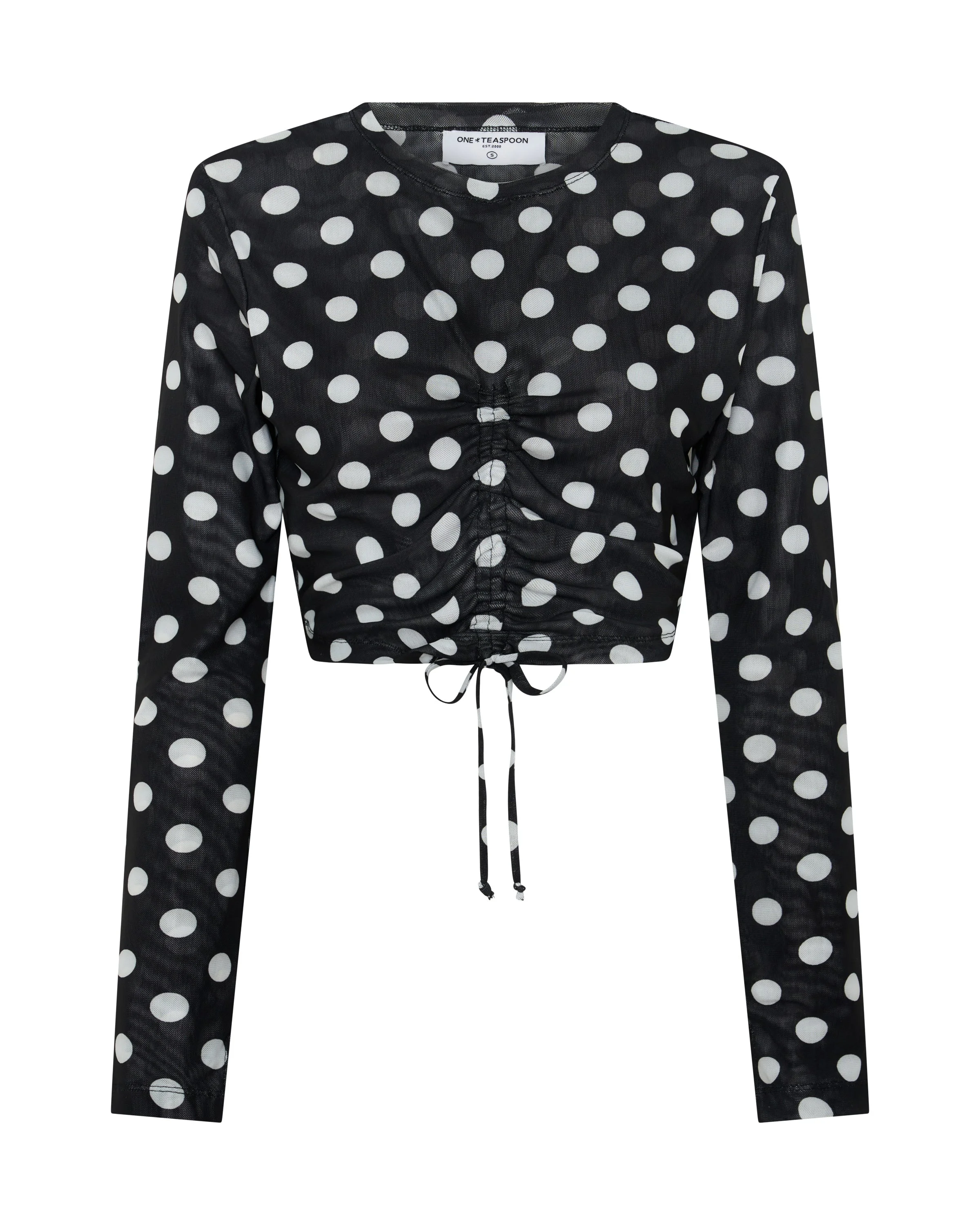 Polka Darling Sheer Mesh Longsleeve Crop Top - Black & White Polka Dot - 1
