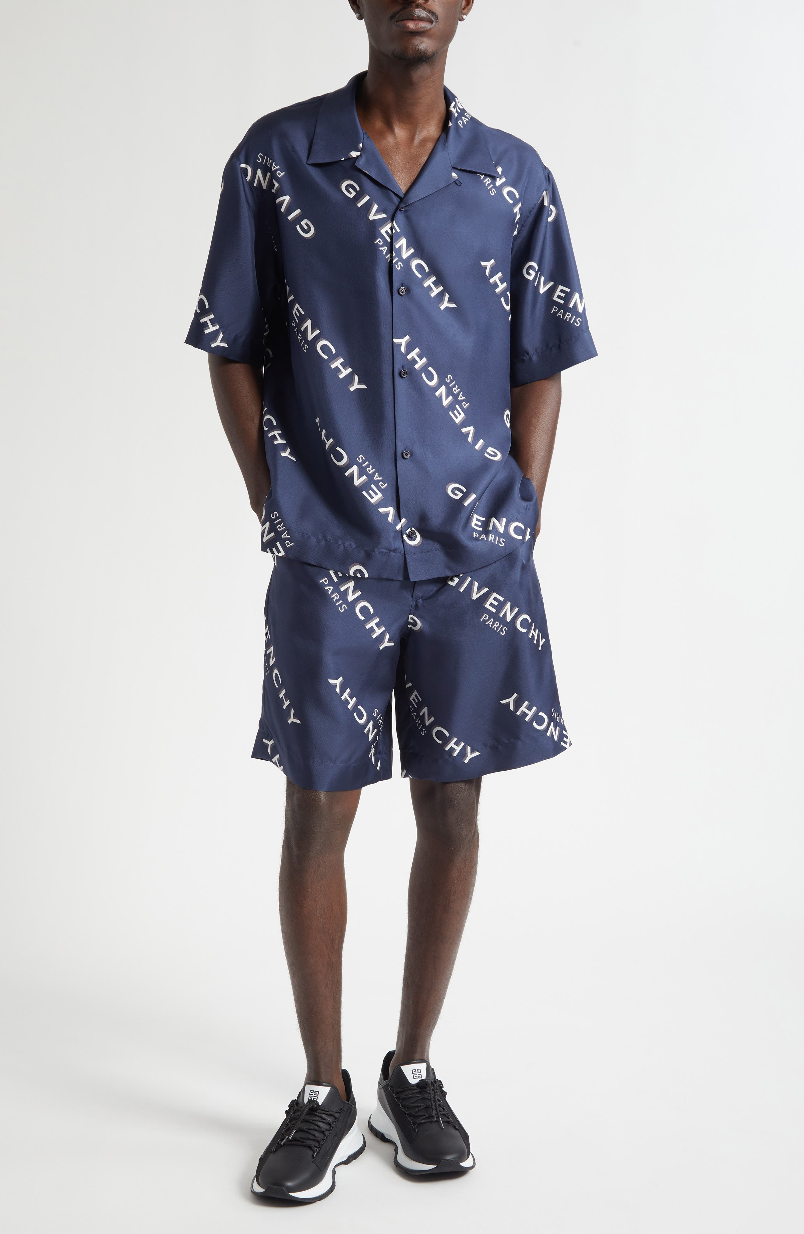 Givenchy Logo Print Elastic Waist Silk Shorts in Navy at Nordstrom - 2