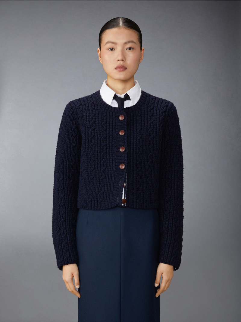 Thom Browne Irish Wool Handknit Half Cardigan Cable Stitch Short Crew Neck Cardigan outlook