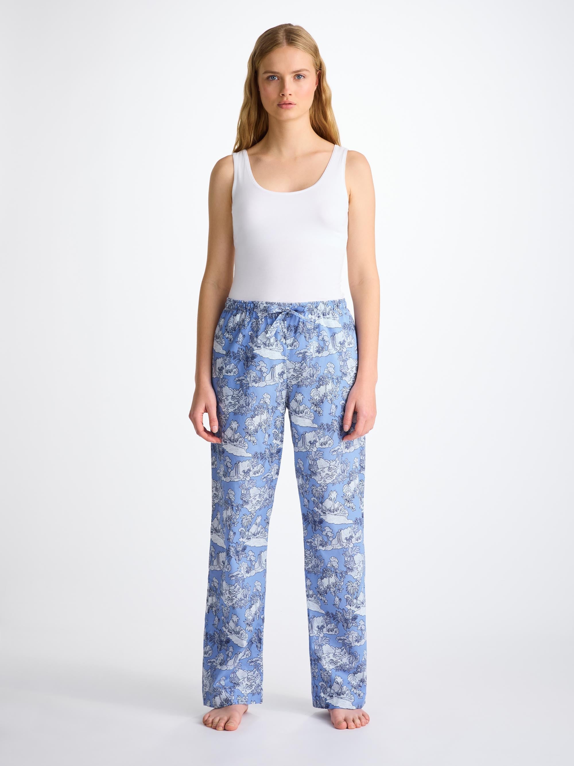 Women's Lounge Pants Cotton Batiste Blue Island Hopping Print - 3