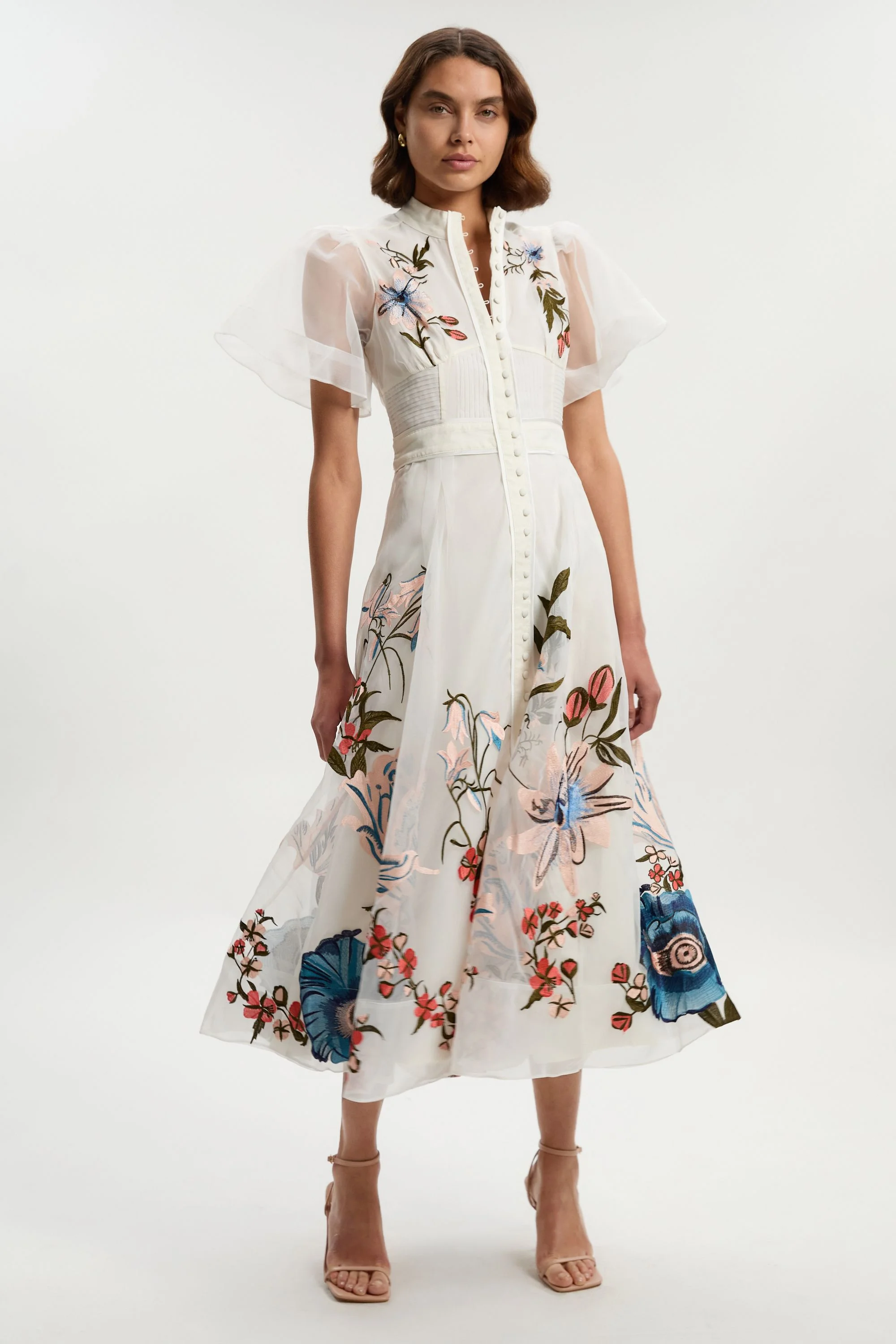Botanical Embroidery Organdie Angel Sleeve Midi Dress - 1
