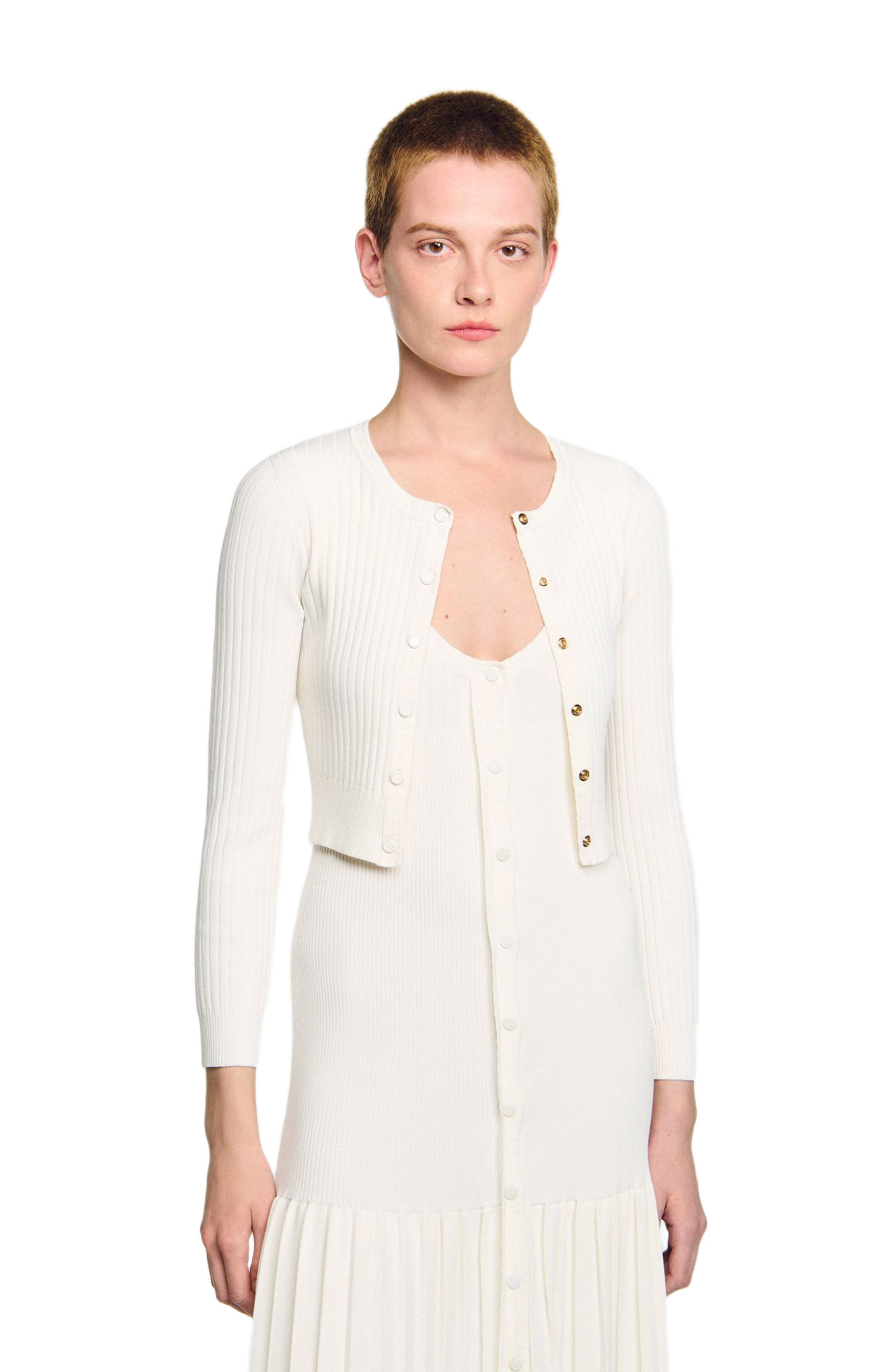 SANDRO Cropped rib knit cardigan in Ecru at Nordstrom - 3
