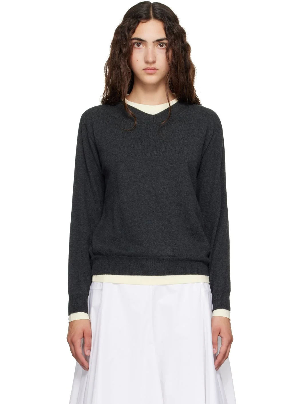 Gray Superfine Wool Layered V-Neck Sweater - 1
