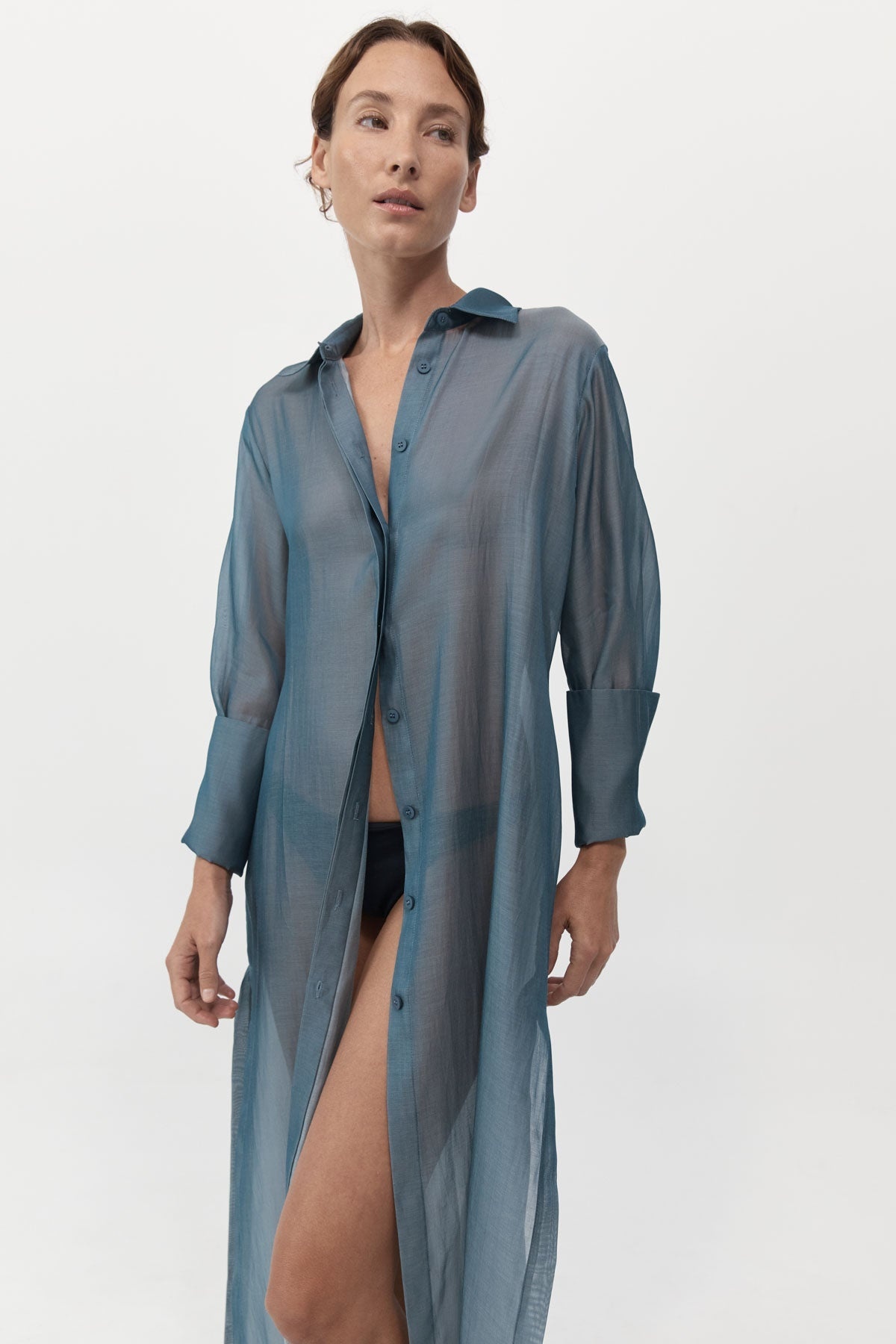 Sheer Shirt Dress - Slate - 5