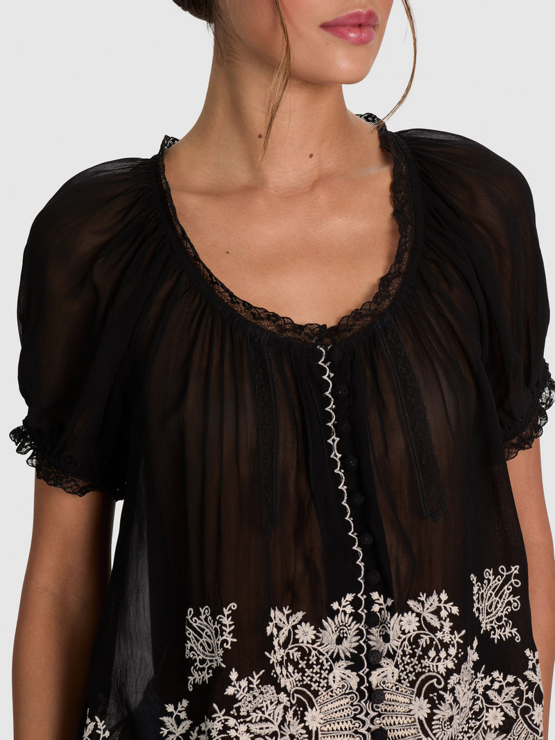 ODETTE EMRBOIDERED PUFF SLEEVE TOP - BLACK/VANILLA 5
