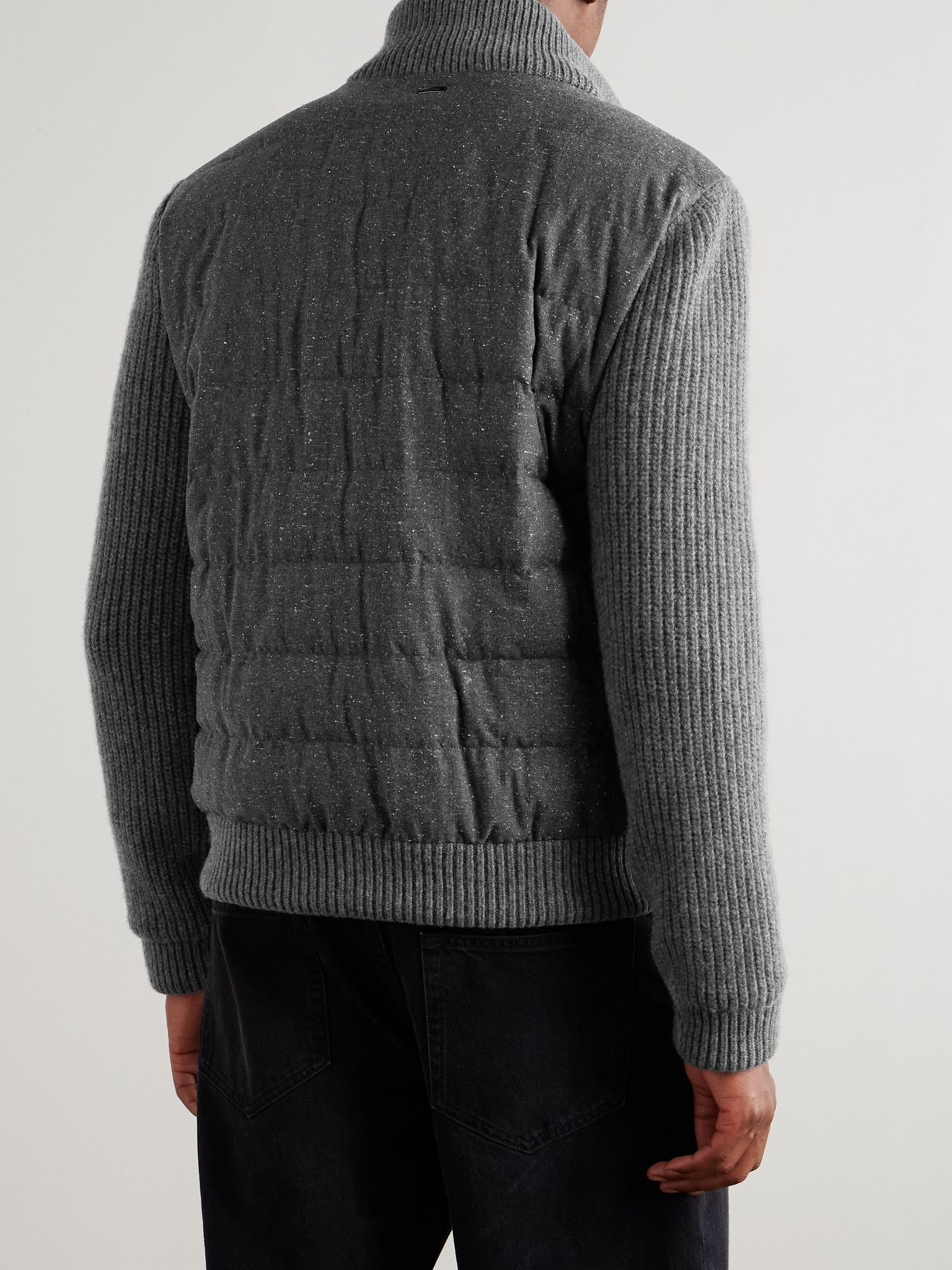 Quilted and Ribbed Wool-Blend Down Bomber Jacket Gray - 4