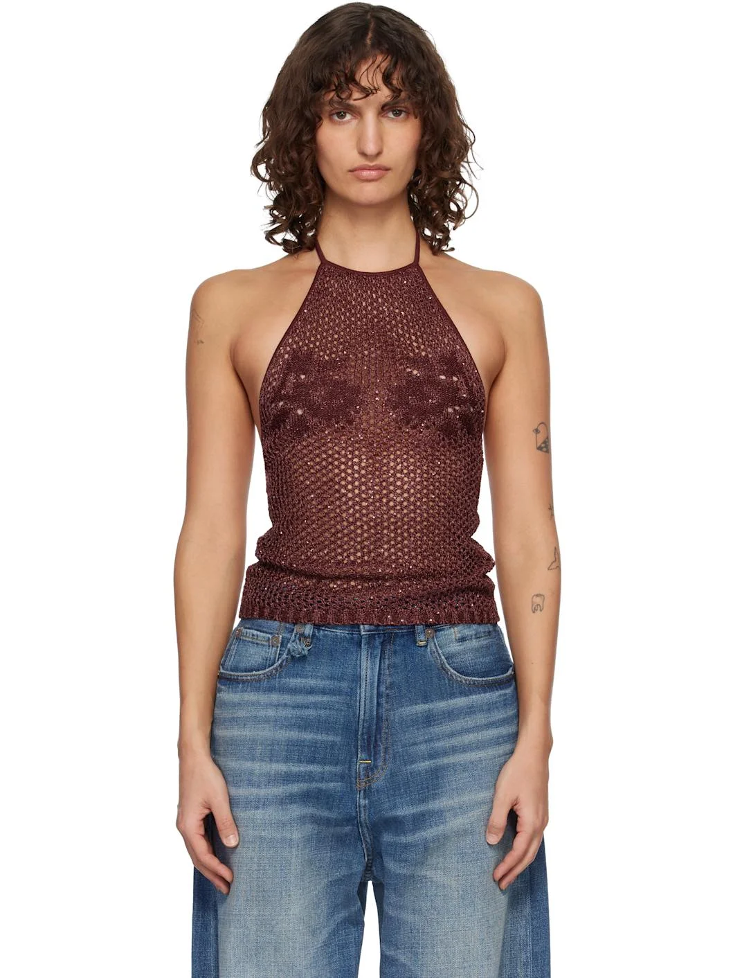 Burgundy Floral Crochet Open Back Tank Top - 1