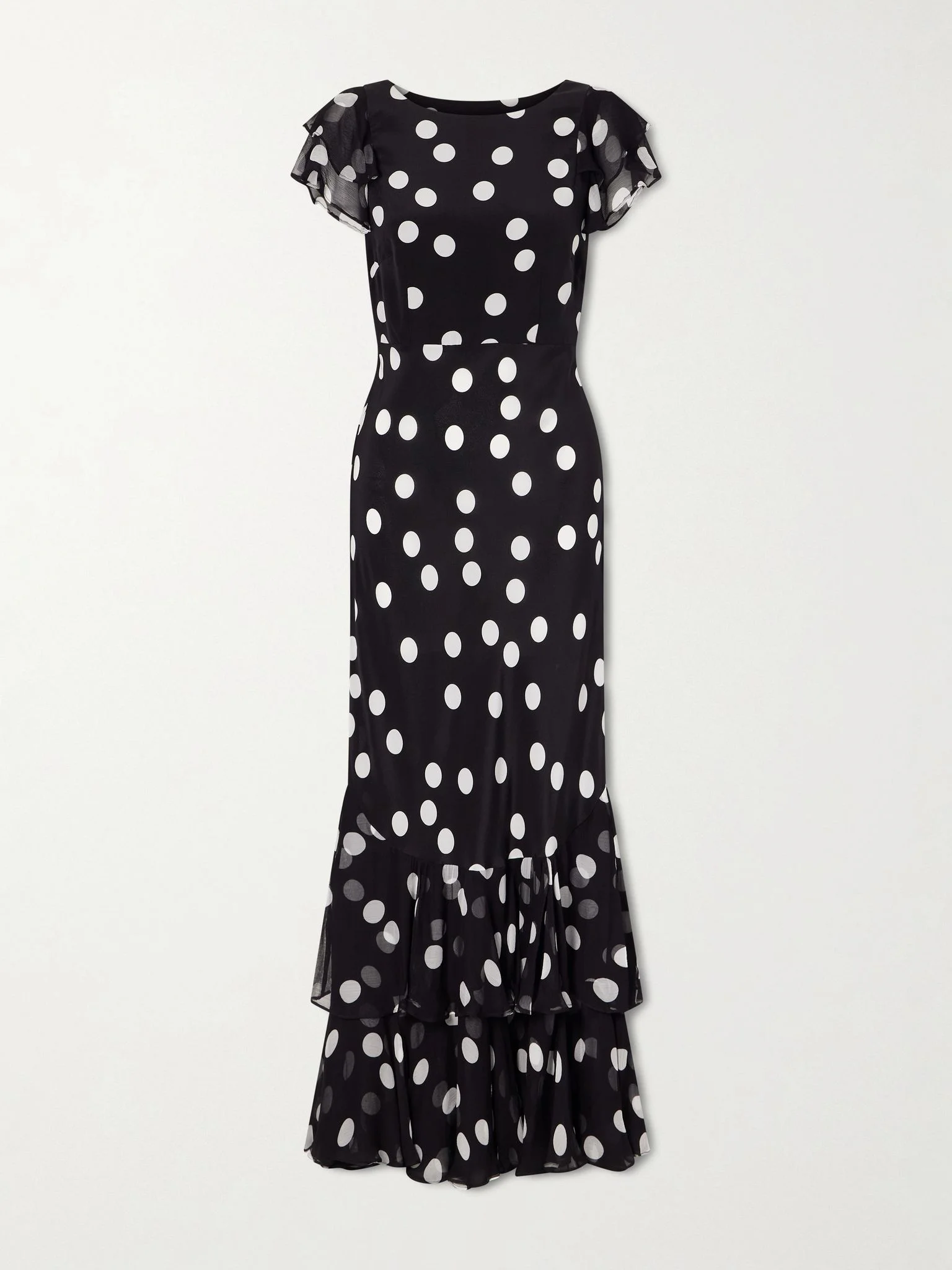 Ordinia polka-dot crepon-trimmed silk-satin midi dress Black - 1