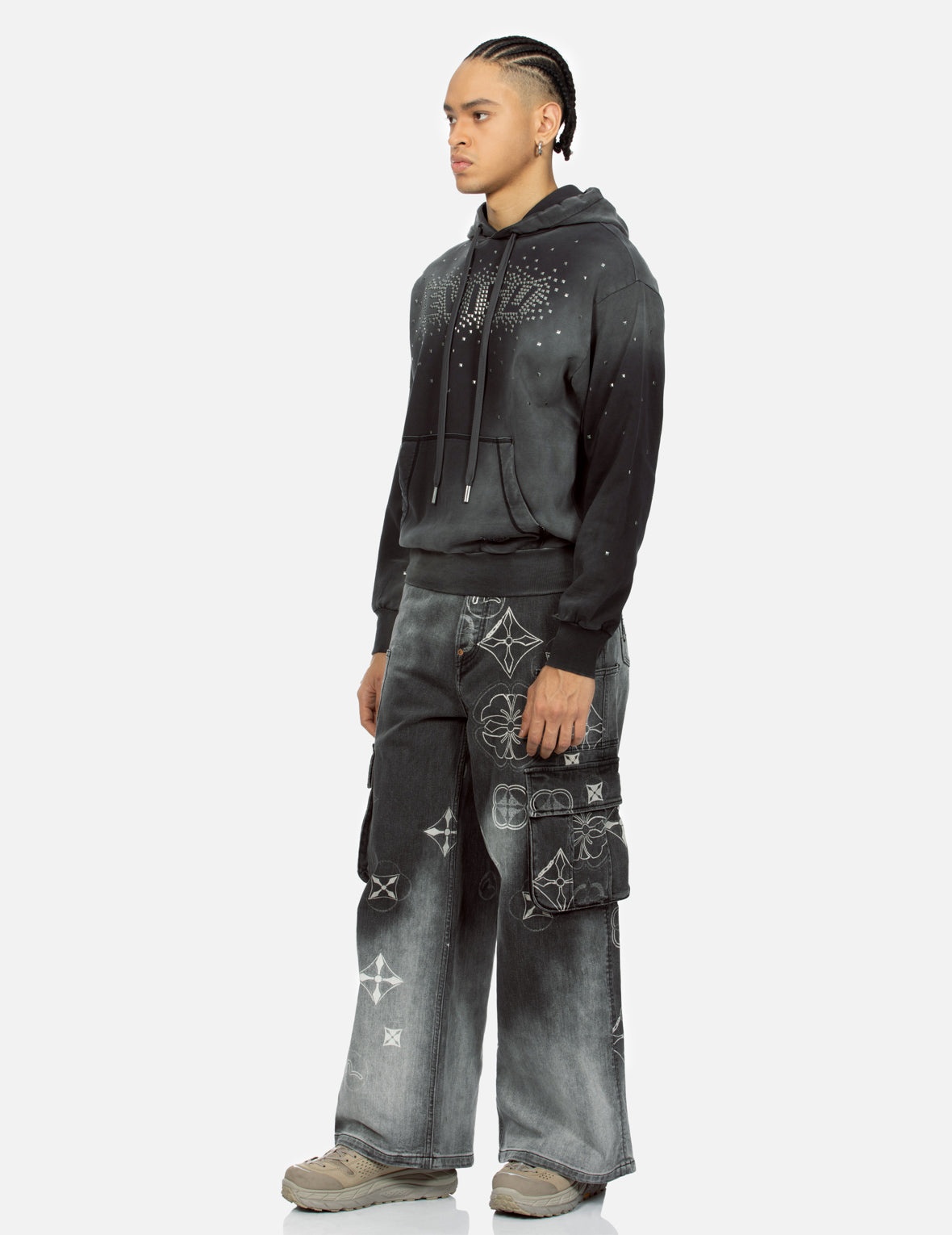 Tie-Dye Kamon and Seagull Print Fashion Fit Cargo Jeans - 3