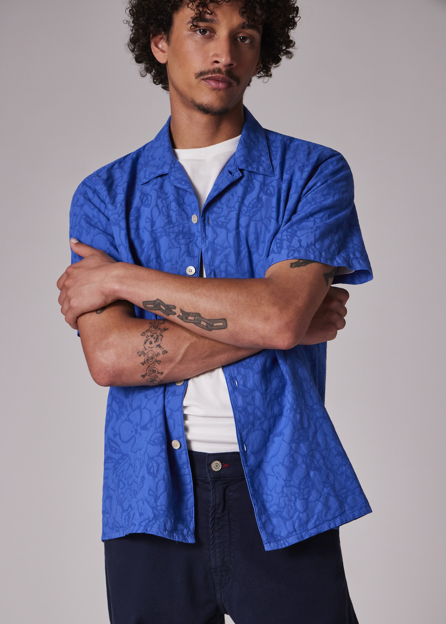 Mid Blue Cotton Textured-Jacquard Short-Sleeve Shirt - 7