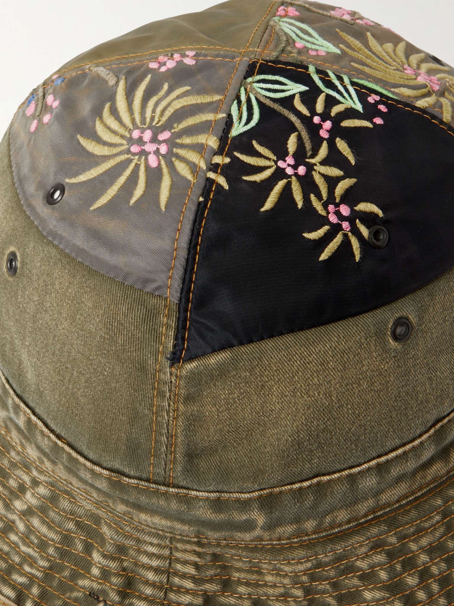 Distressed Embroidered Patchwork Cotton-Twill and Shell Bucket Hat - 4