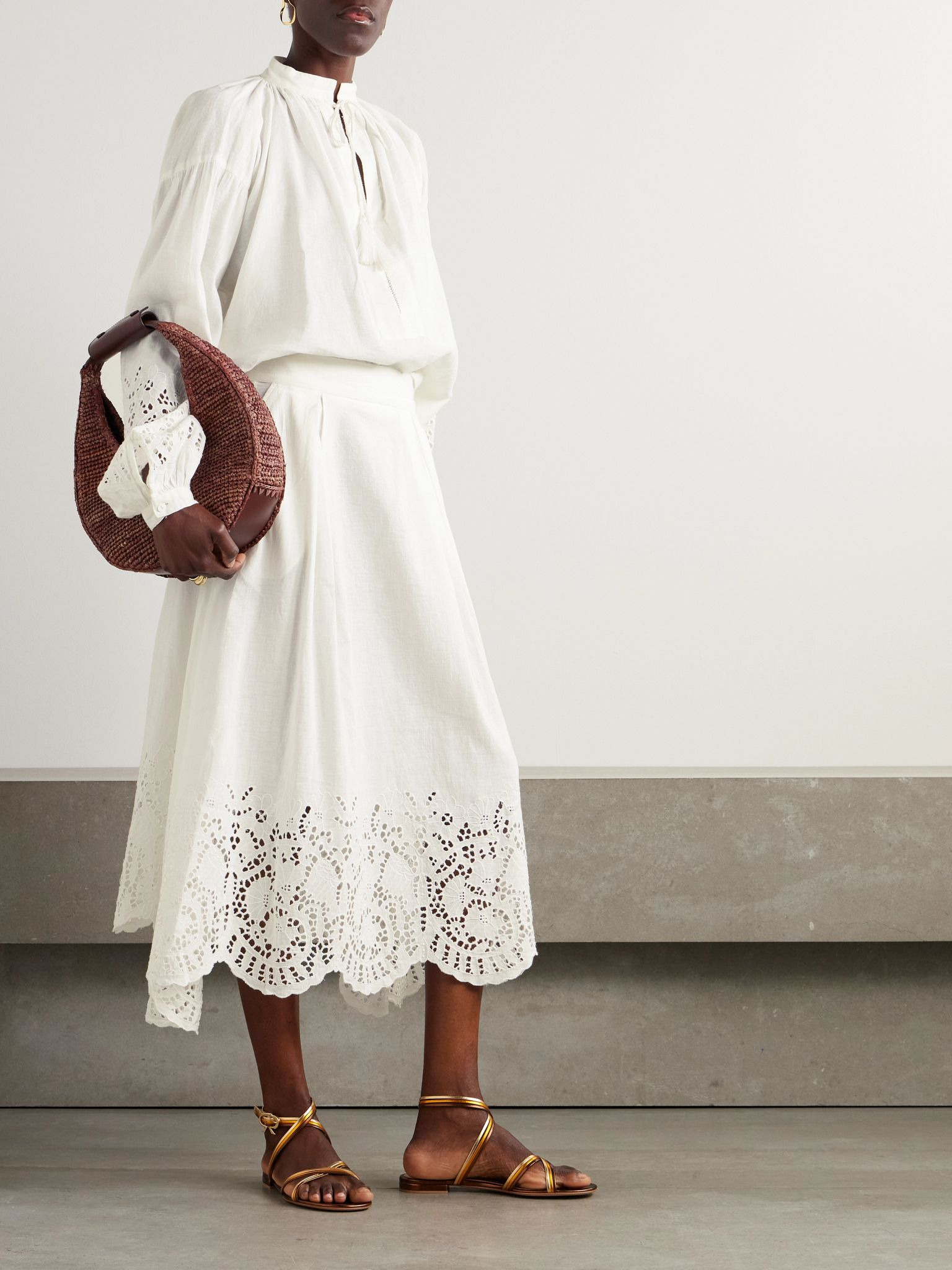 Gathered broderie anglaise linen and cotton-blend blouse Off-white - 2