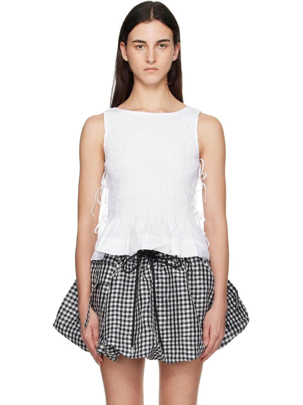 White Cotton Smock Tie Tank Top - 1