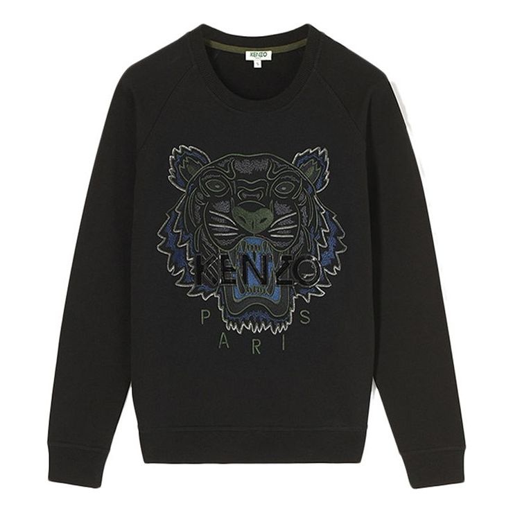 KENZO Cotton Embroidered Tiger Head Round Neck Long Sleeves Black F762SW7144XD-99 - 1