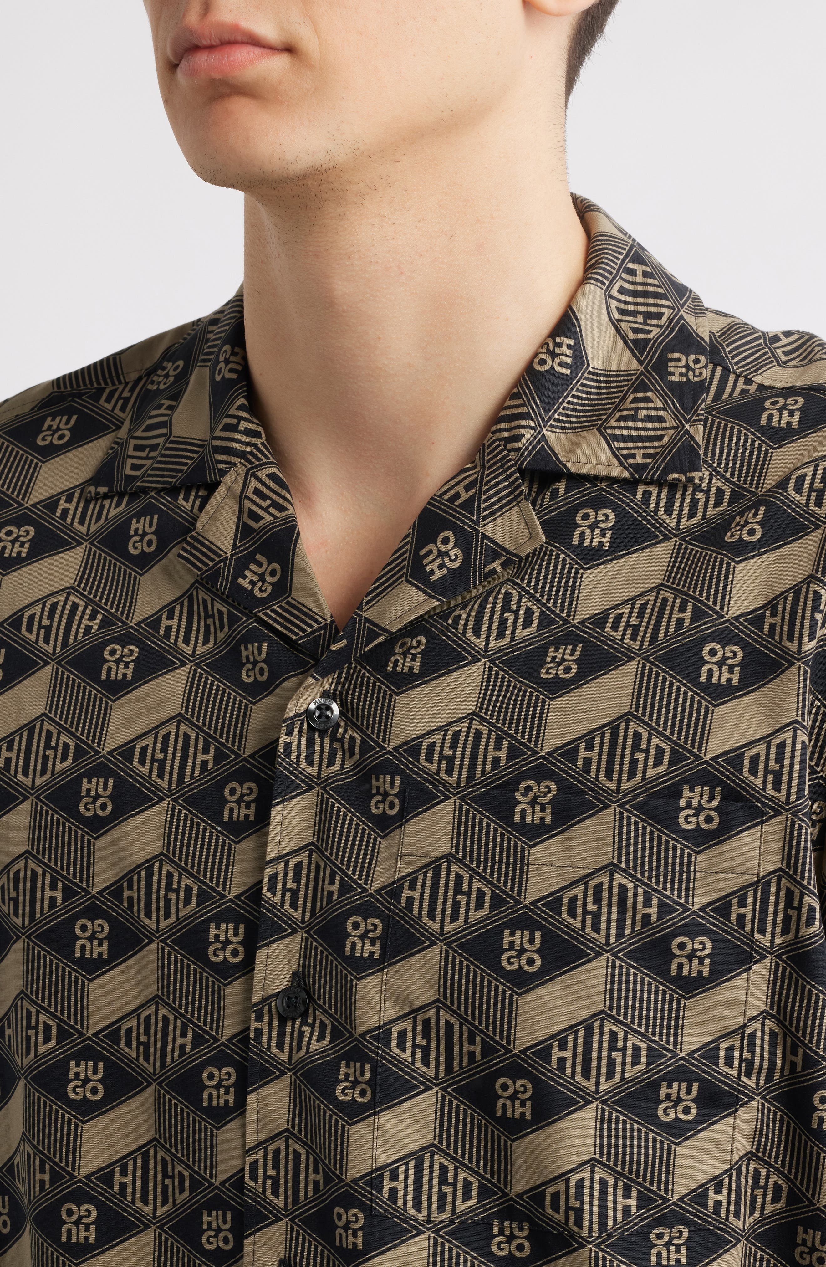 HUGO Ellino Logo Print Camp Shirt in Black at Nordstrom - 2