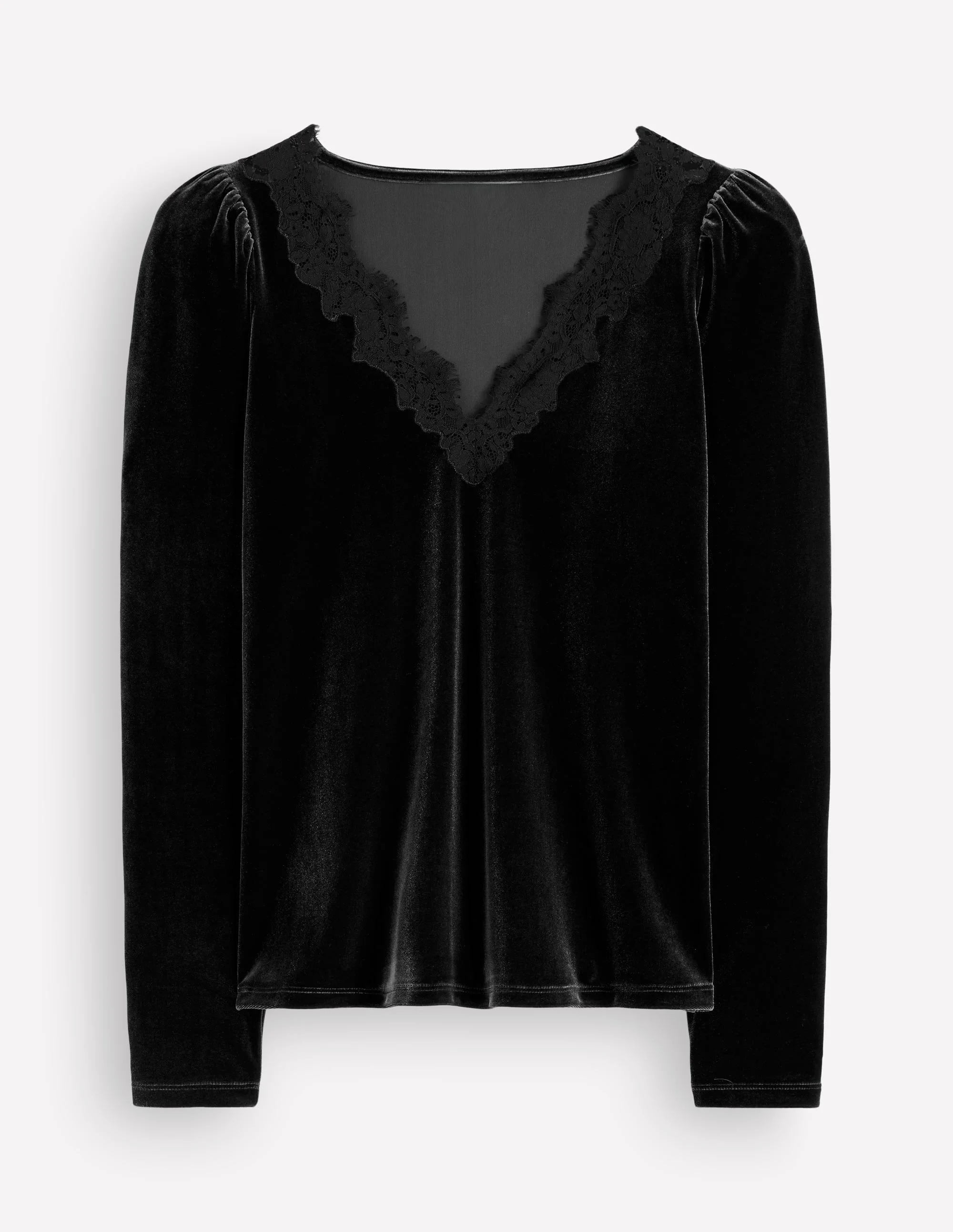 Lace Trim V-Neck Velvet Top-Black - 1