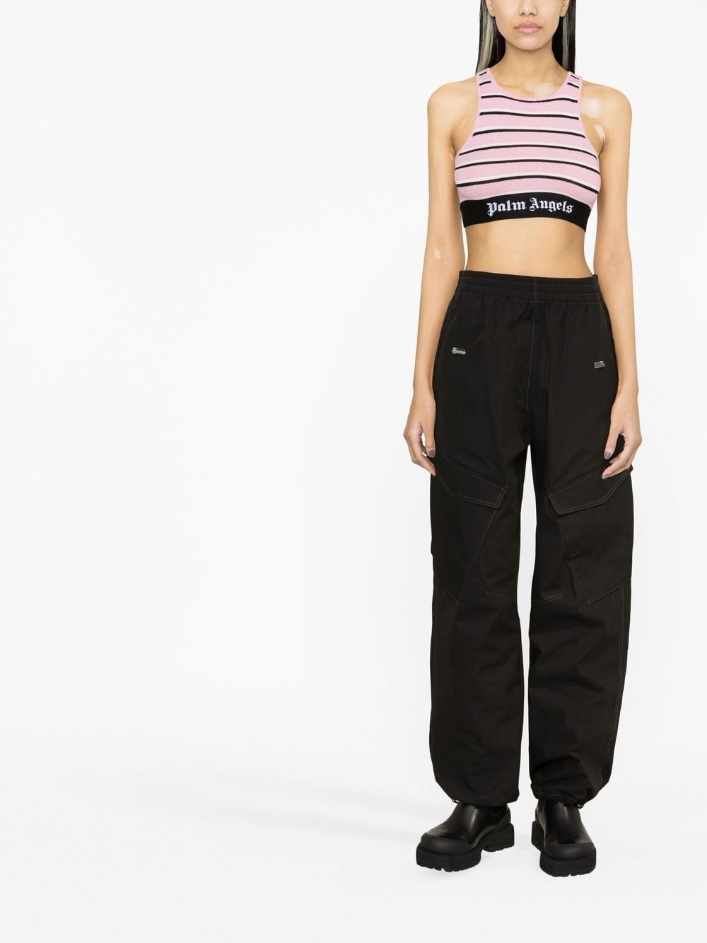 logo-tape striped crop top - 2