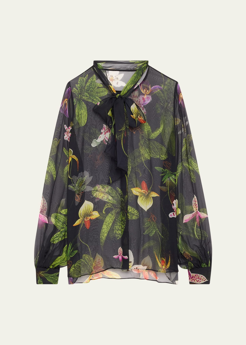 Orchid Print Chiffon Scarf-Tie Blouse 1