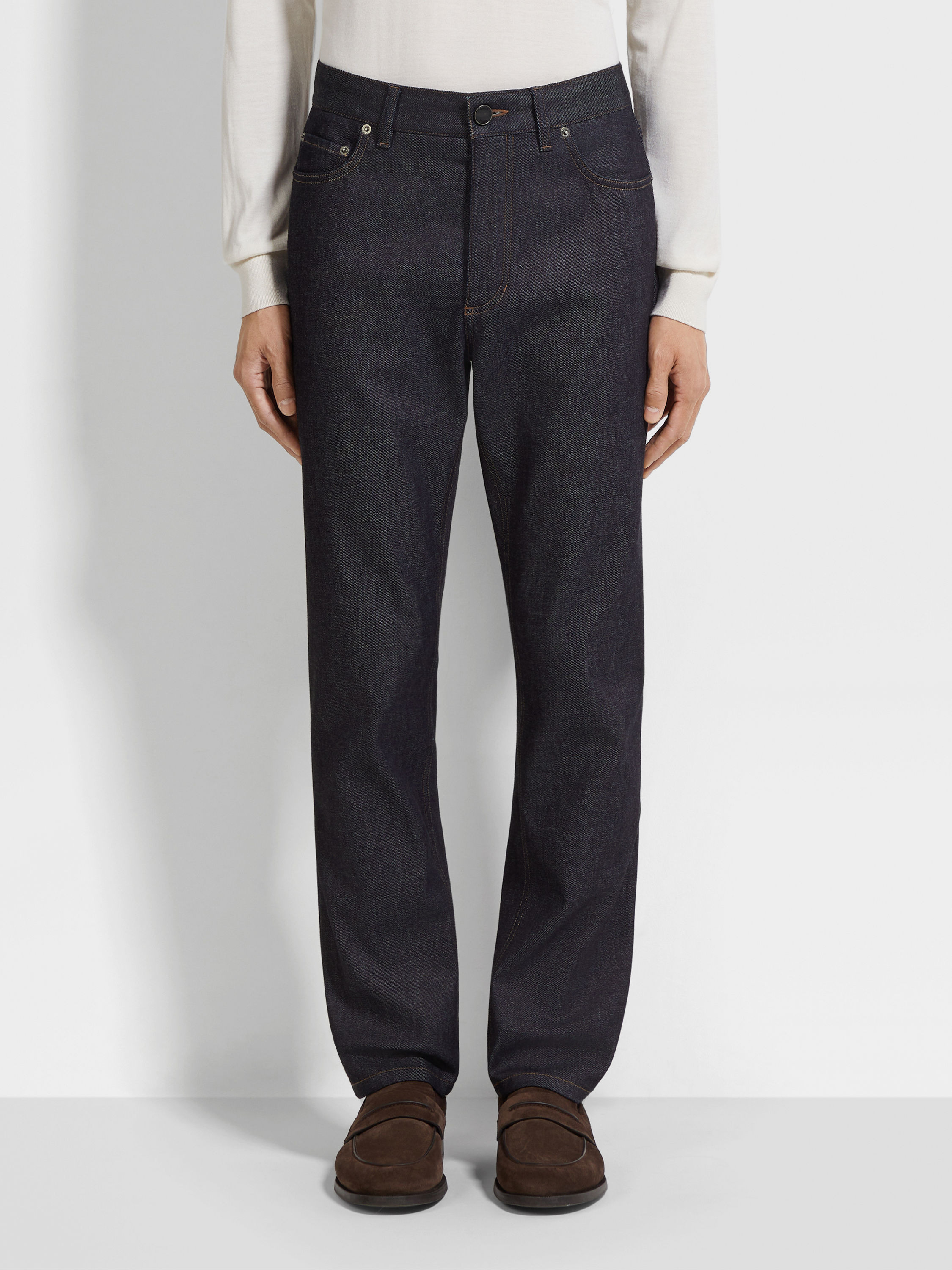 BLUE STRETCH COTTON AND CASHMERE ROCCIA JEANS - 5