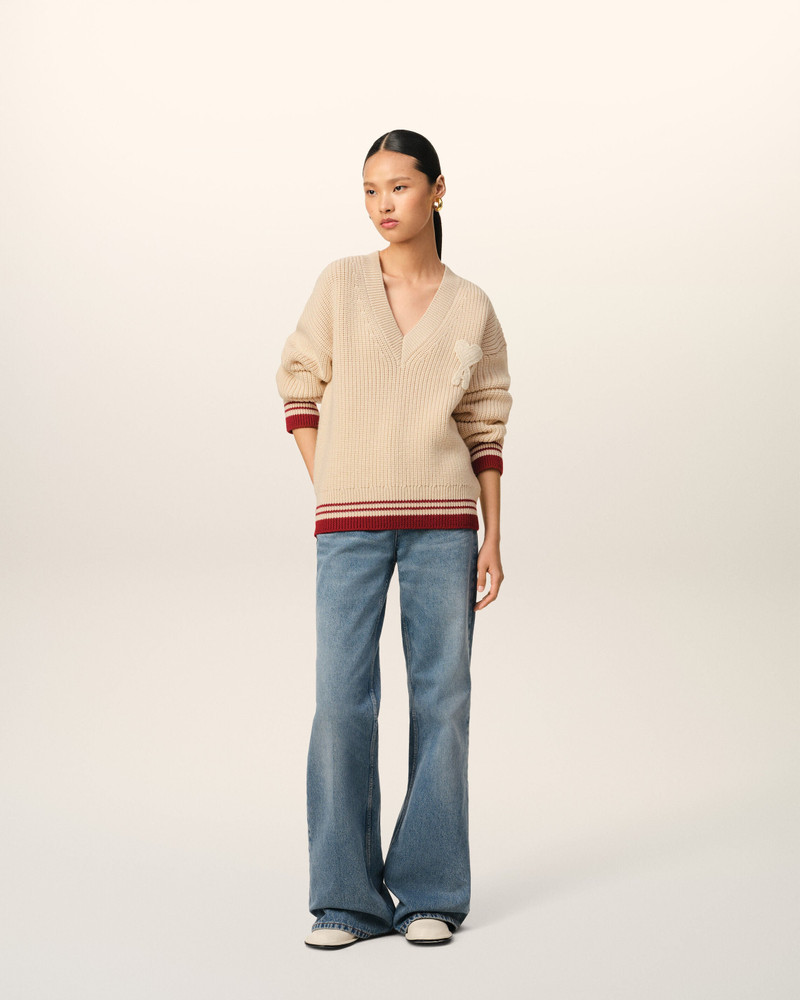 AMI Paris BEIGE WOOL RIBBED V NECK SWEATER outlook