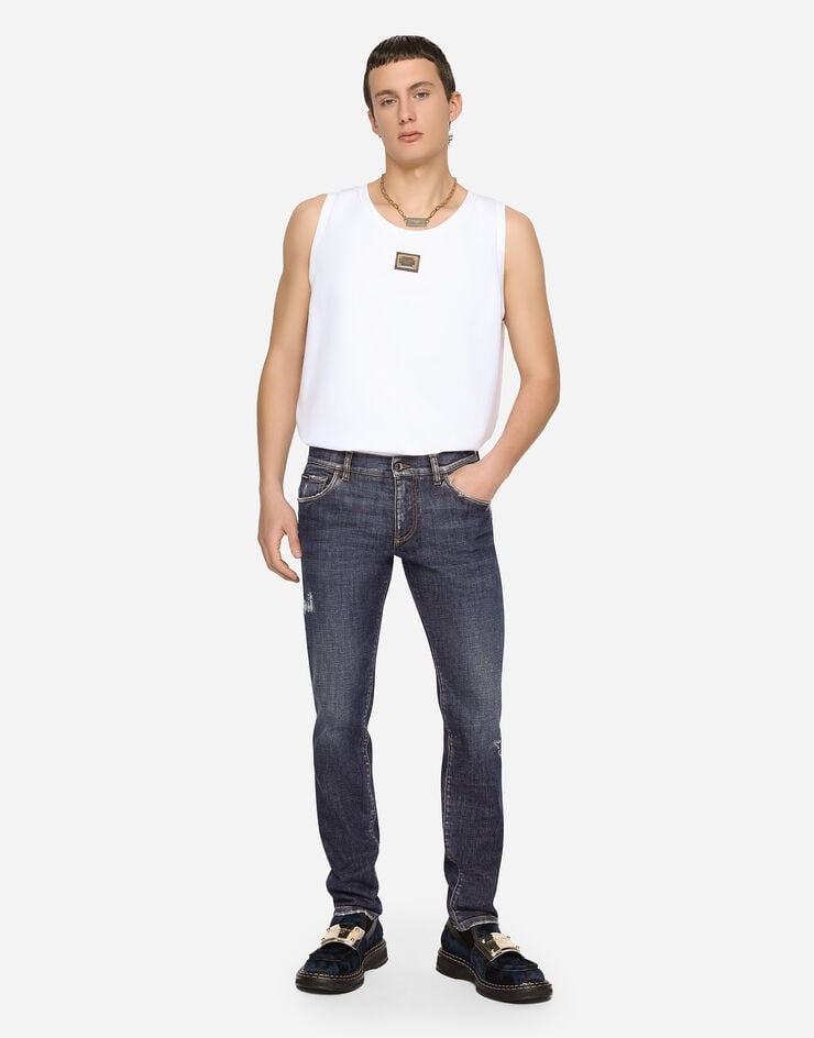 Mid blue skinny stretch jeans with abrasions - 5