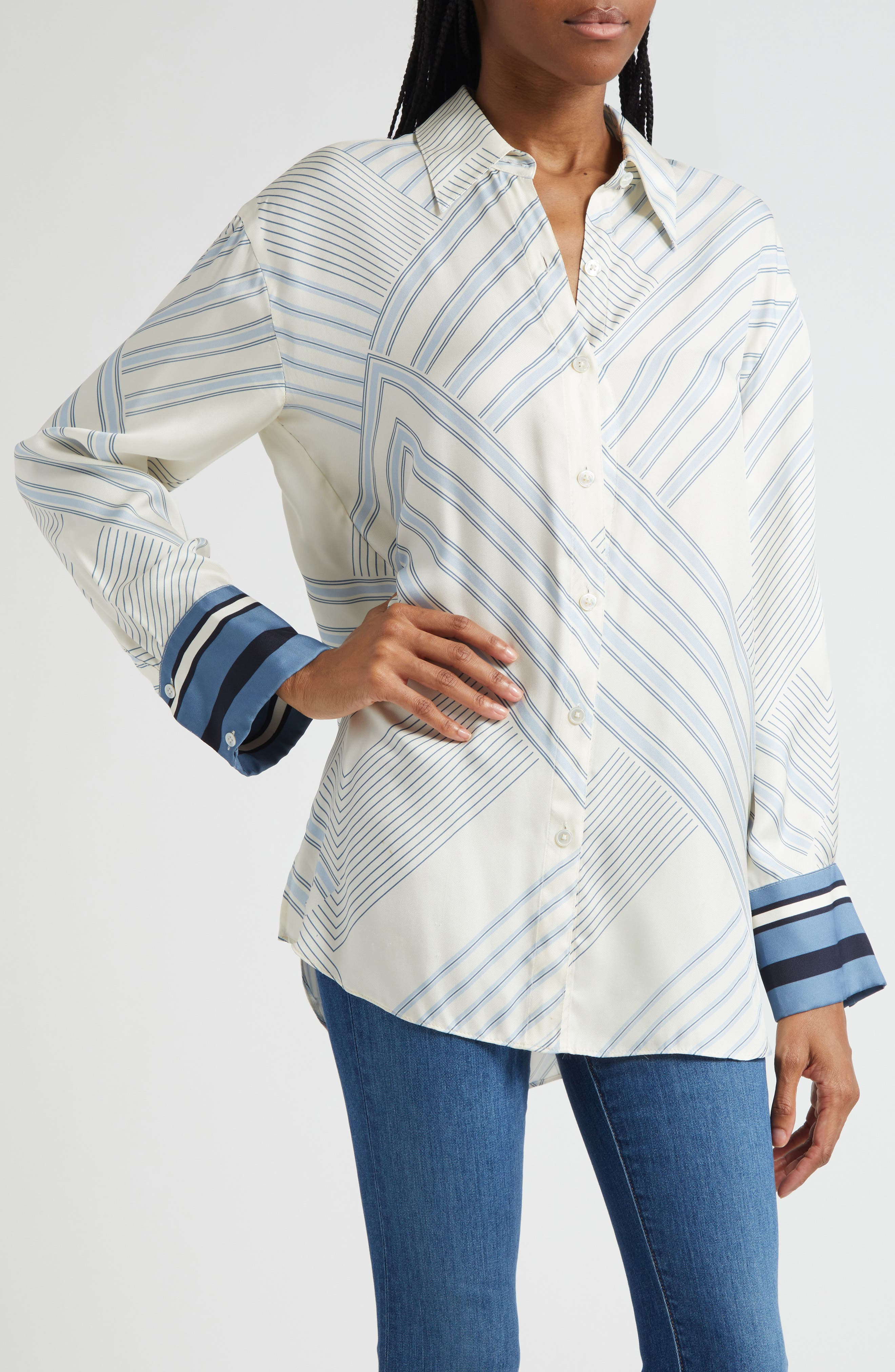 Veronica Beard Delila Stripe Silk Blend Shirt in Dove Blue Lake Multi at Nordstrom - 4