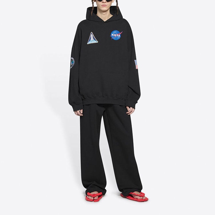 Men's Balenciaga x NASA FW21 Crossover Logo Cotton Classic hooded Loose Long Sleeves Black 651799TKV - 6