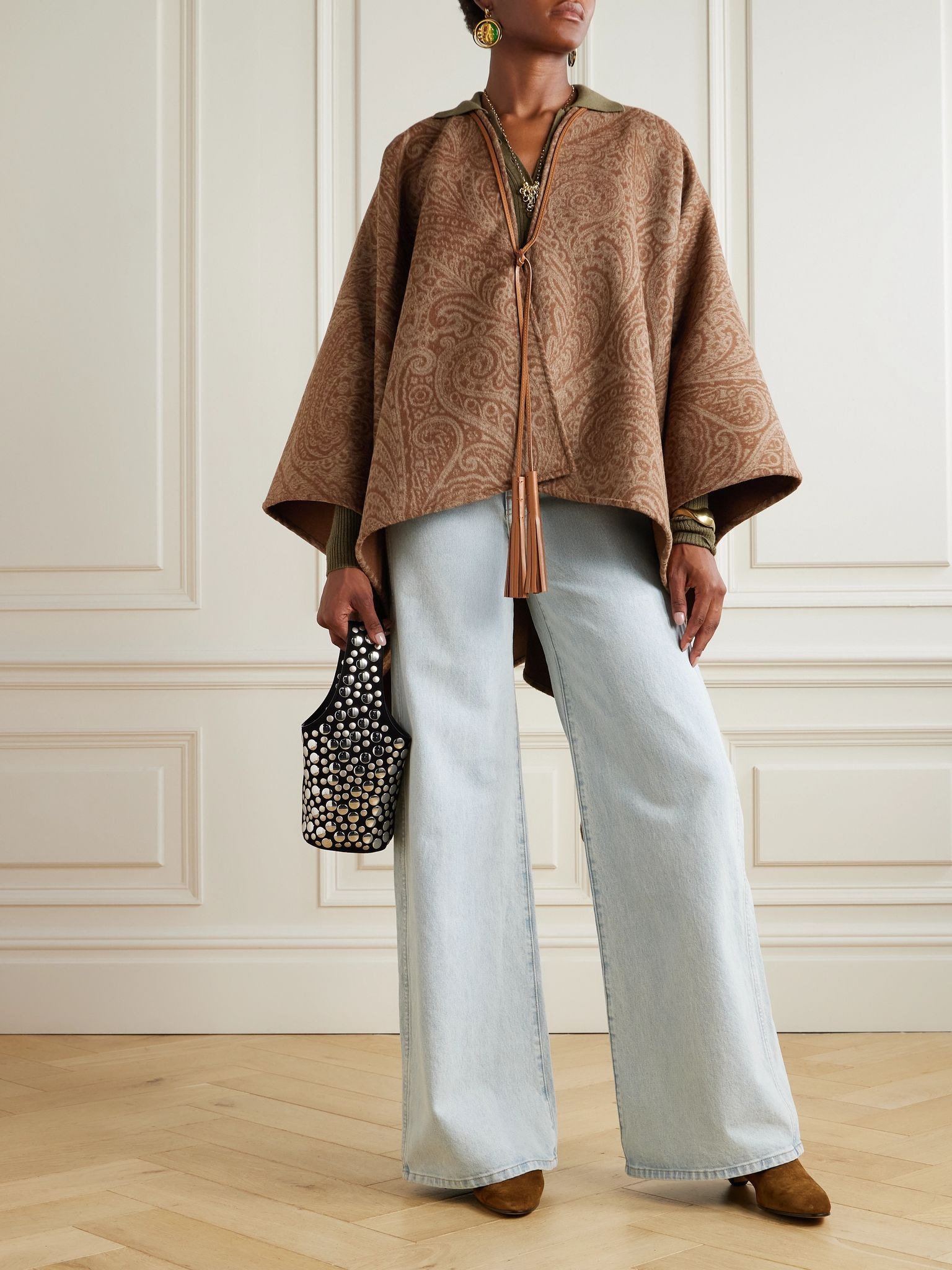 Leather-trimmed paisley-print wool-blend poncho Brown - 2