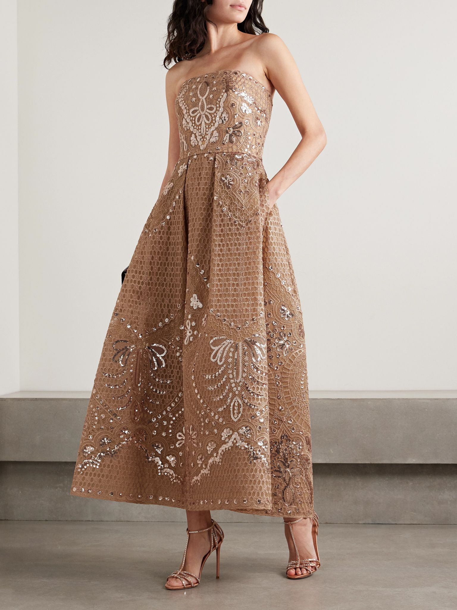Strapless sequined embroidered tulle midi dress Antique rose - 2
