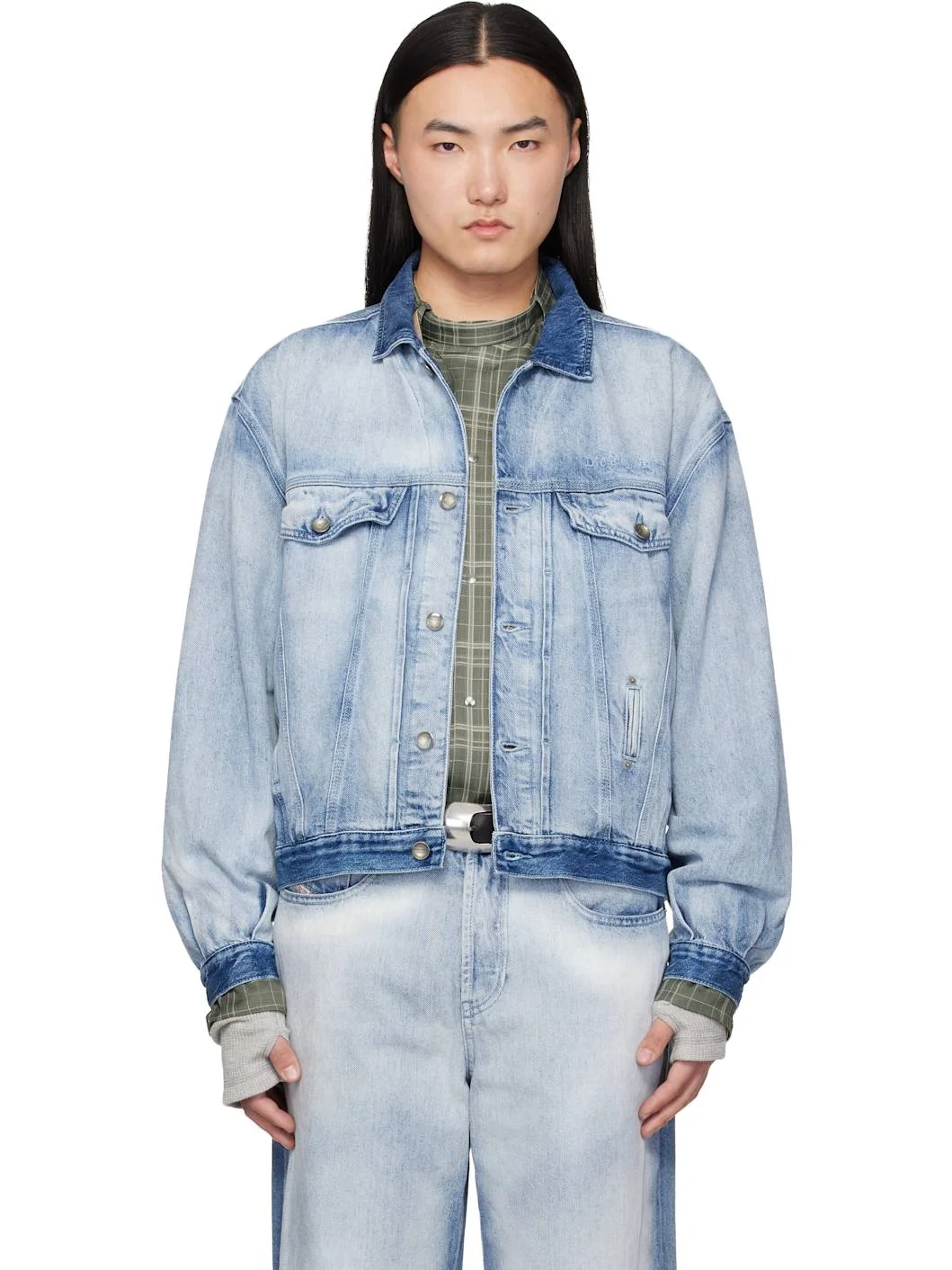 Blue Medium-Light Skeleton Denim Trucker Jacket - 1