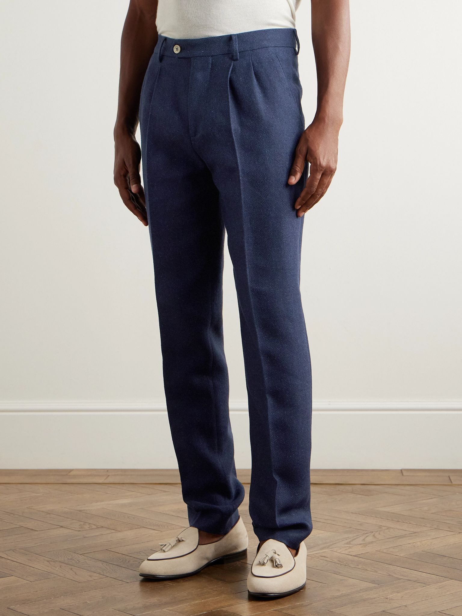 Tapered Pleated Striped Linen, Silk, Wool and Cotton-Blend Suit Trousers Navy - 3