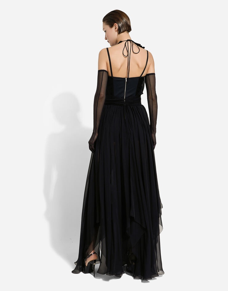 Long silk chiffon dress with floral appliqué - 4