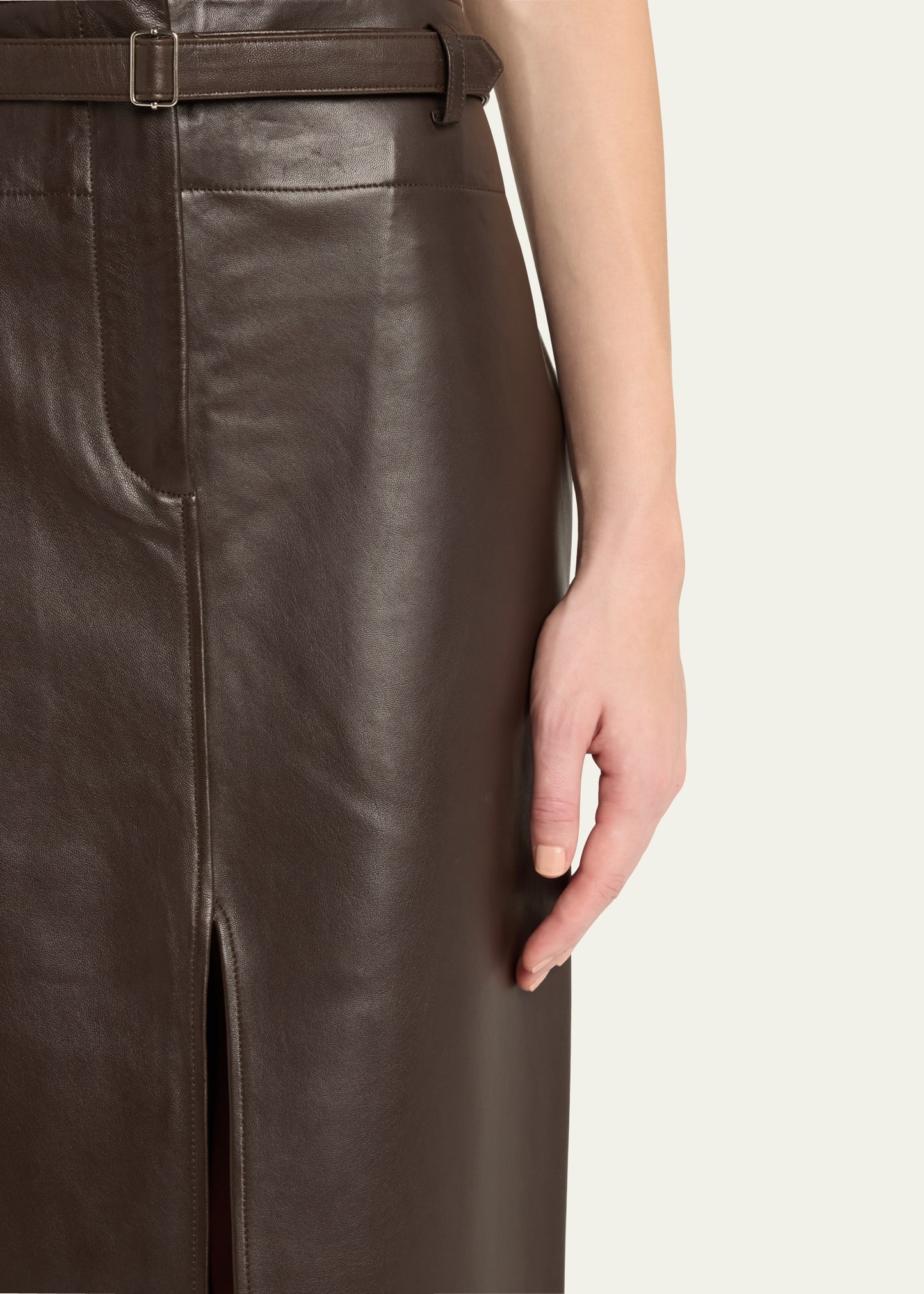Leather Belted Front Split Midi Skirt - 5