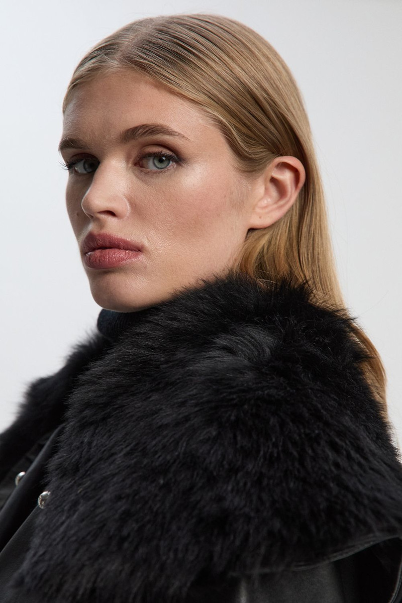 Leather & Shearling Collar Studded Belted Maxi Coat 4